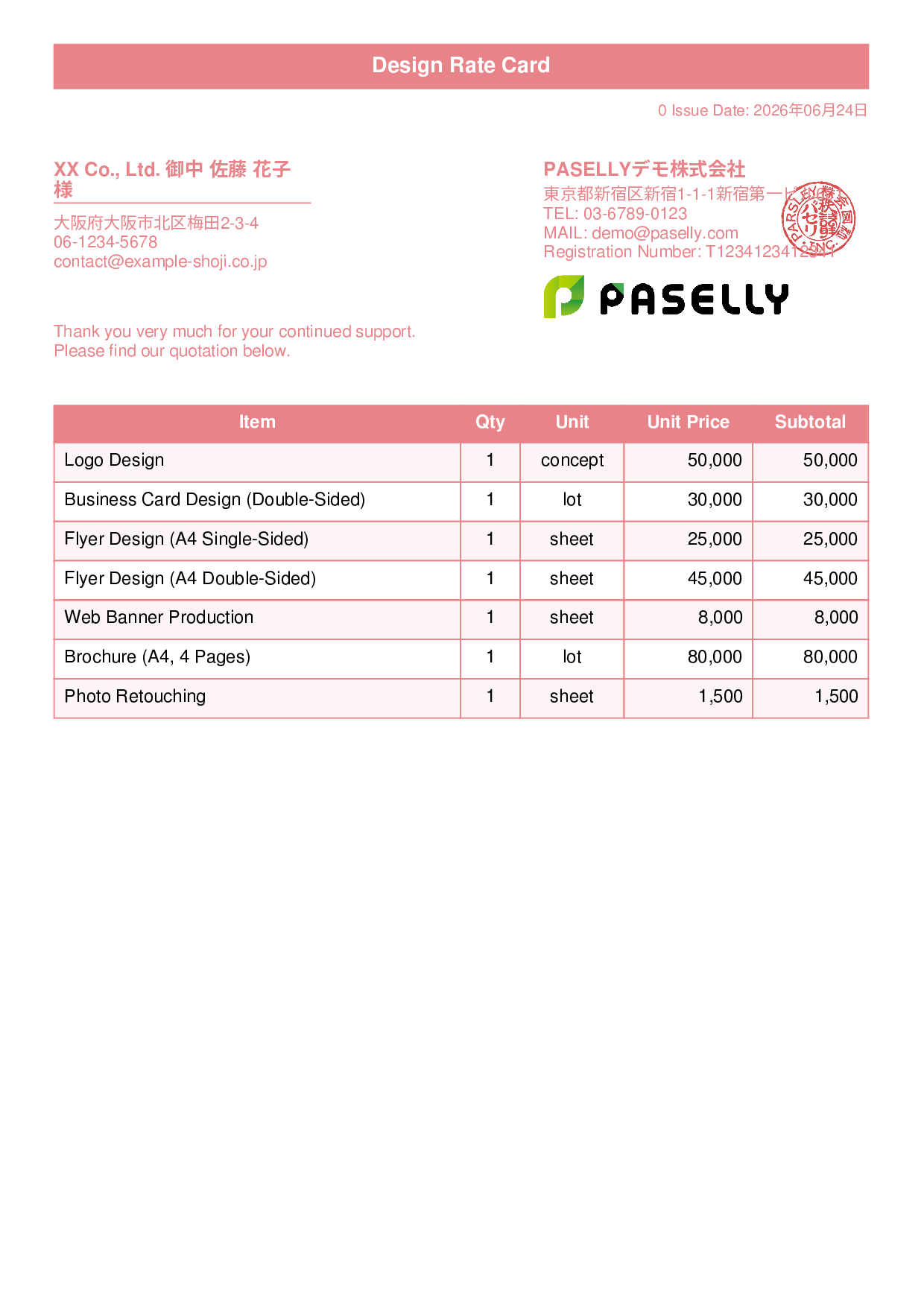 Designer Unit Price List (Total Hidden) - Title Banner