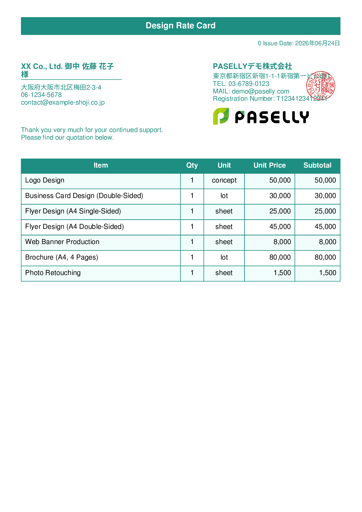 Designer Unit Price List (Total Hidden) - Title Banner