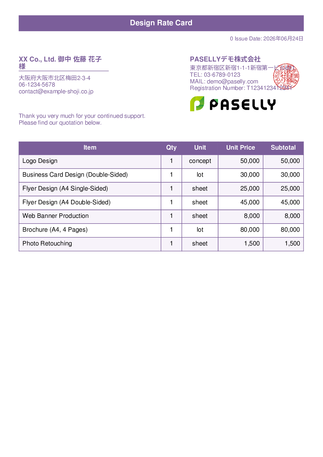Designer Unit Price List (Total Hidden) - Title Banner