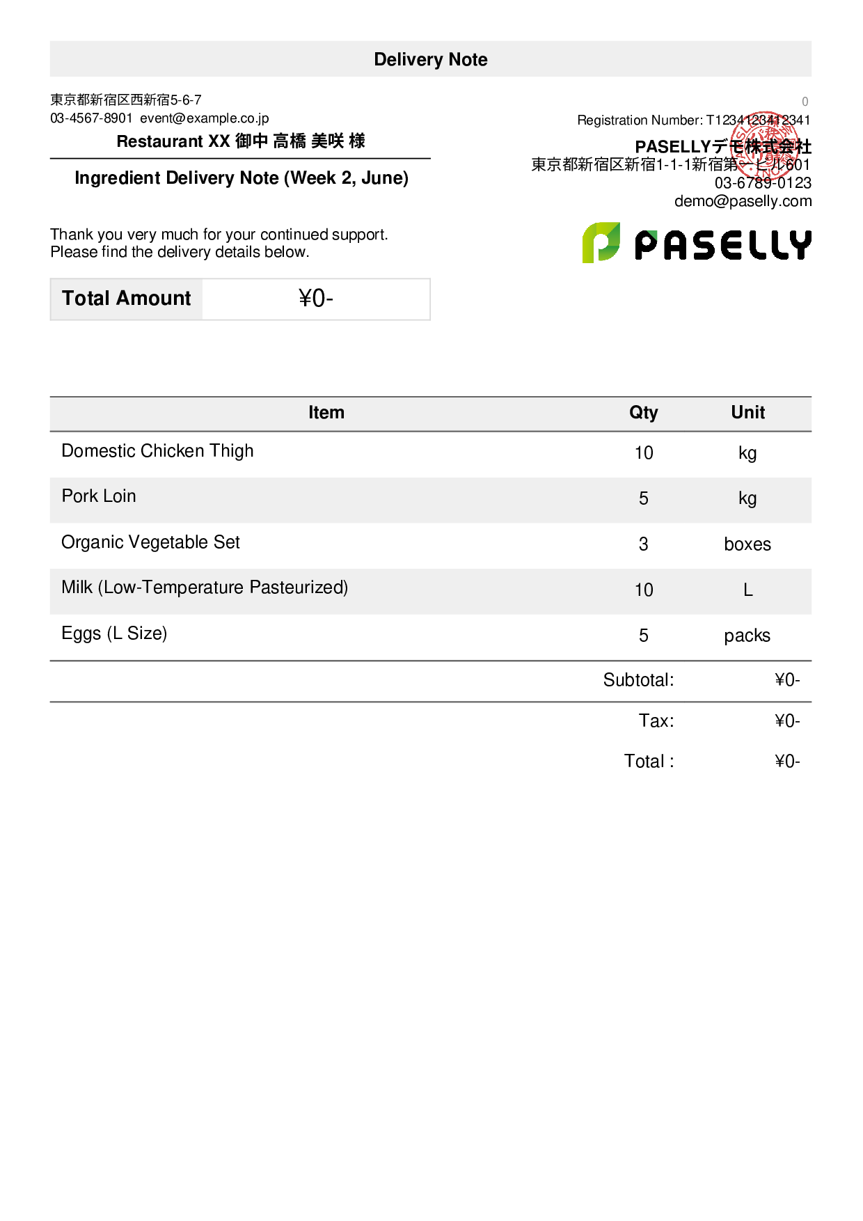 Restaurant Ingredient Delivery Note (Price Hidden)