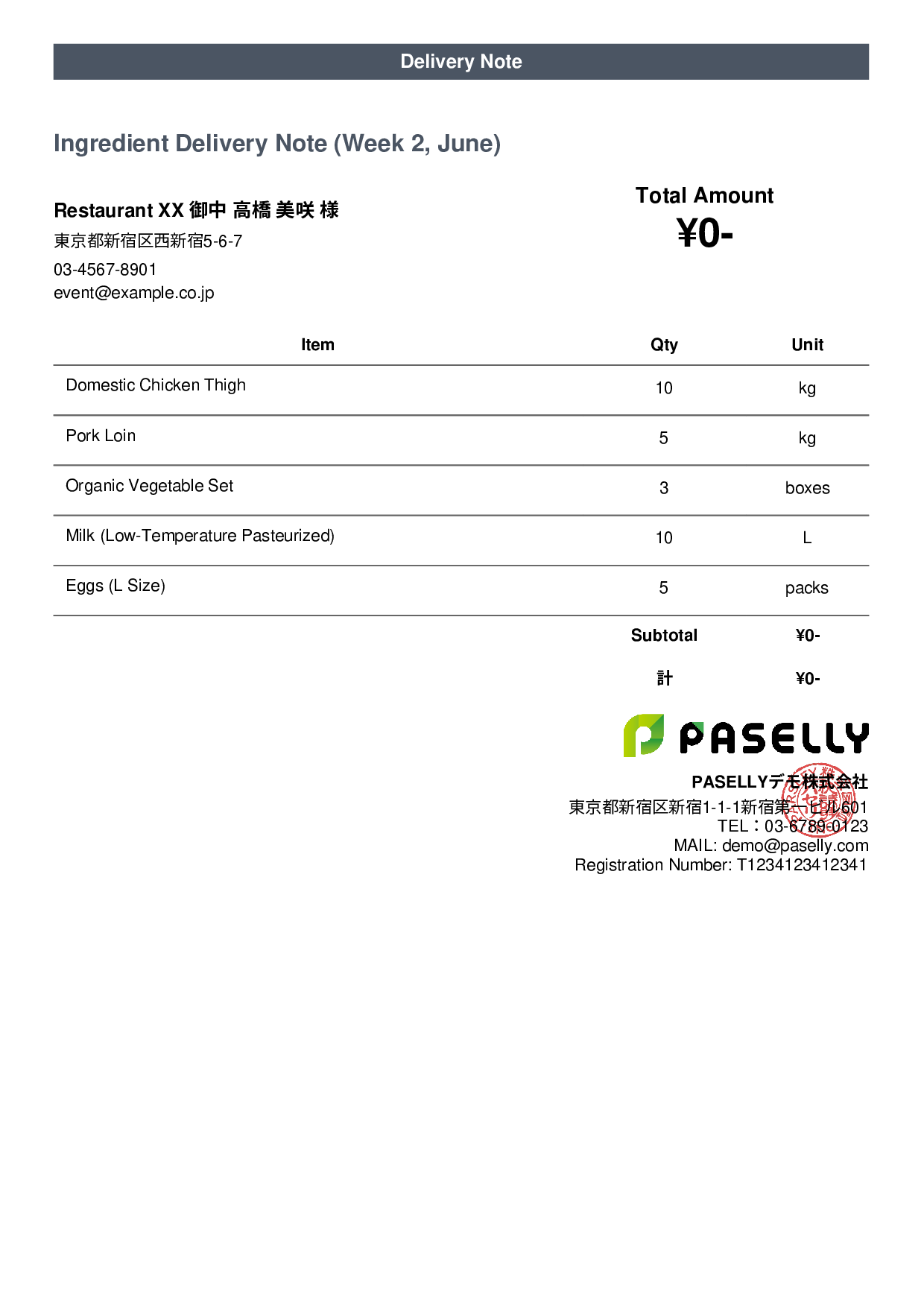 Restaurant Ingredient Delivery Note (Price Hidden)