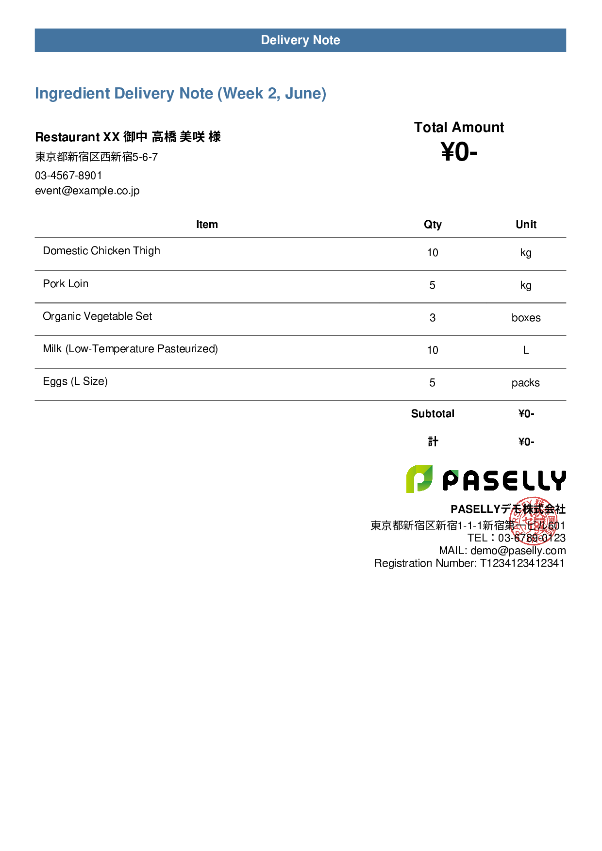 Restaurant Ingredient Delivery Note (Price Hidden) - Casual