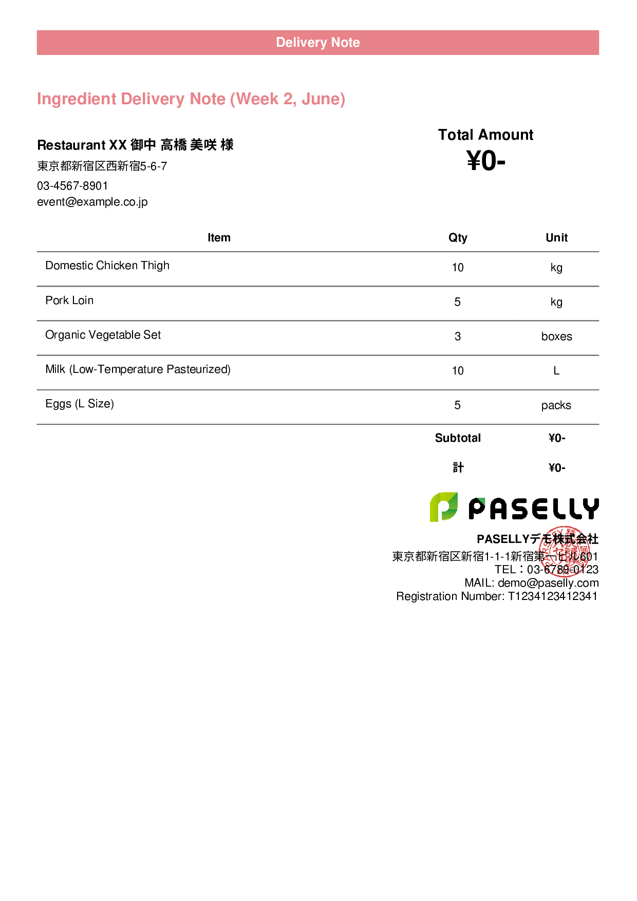 Restaurant Ingredient Delivery Note (Price Hidden) - Casual