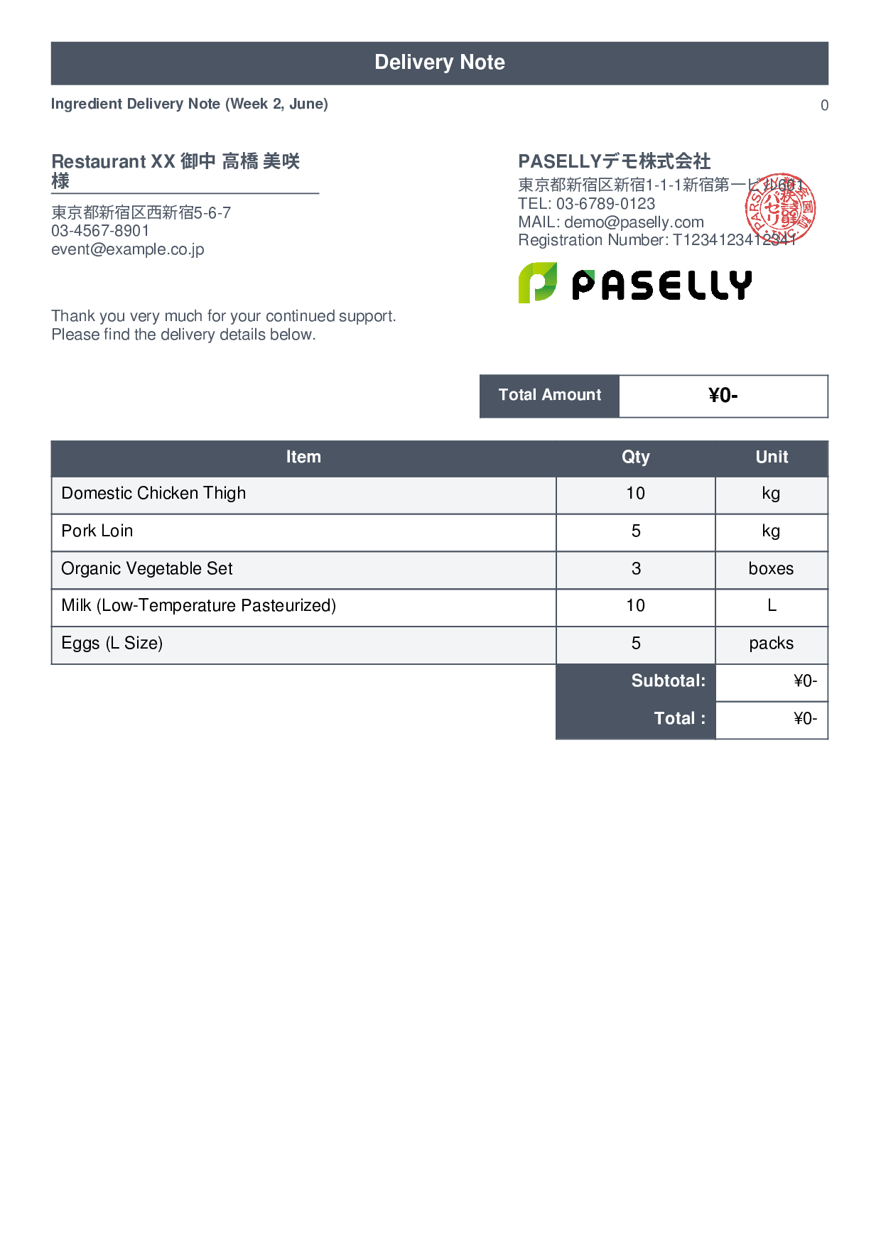 Restaurant Ingredient Delivery Note (Price Hidden) - Standard 1