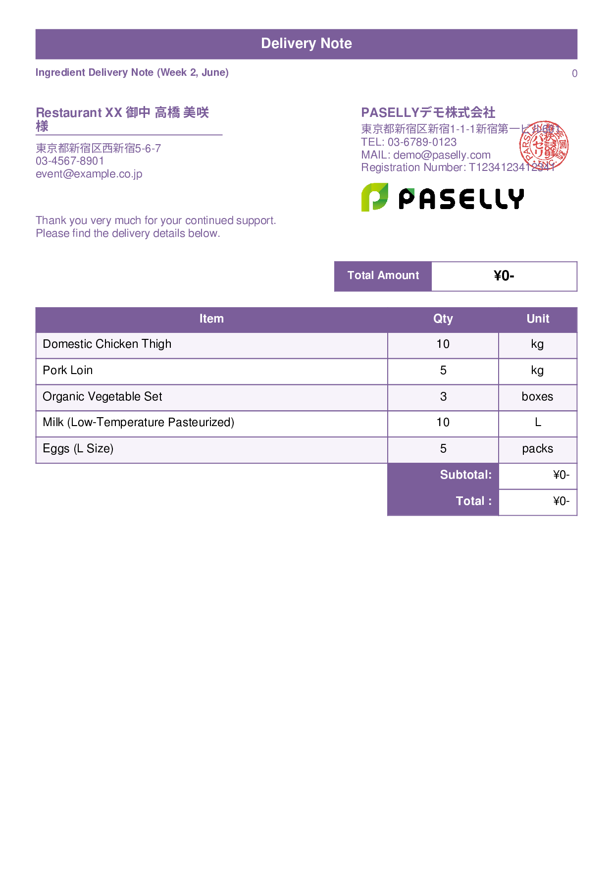 Restaurant Ingredient Delivery Note (Price Hidden) - Standard 1