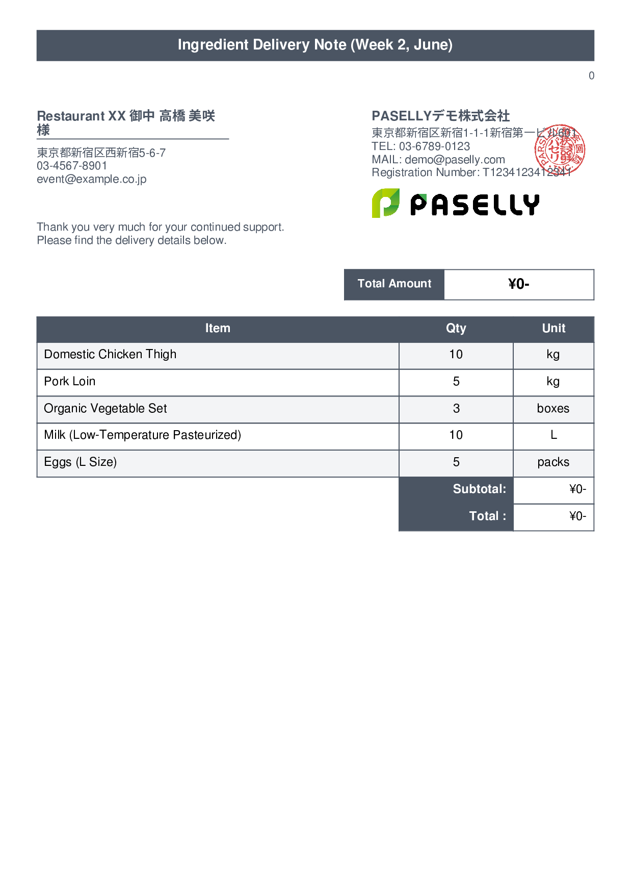 Restaurant Ingredient Delivery Note (Price Hidden) - Title Banner