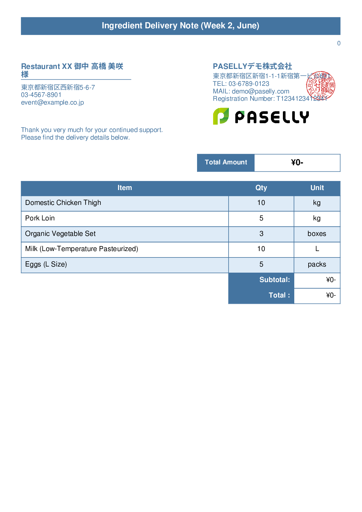Restaurant Ingredient Delivery Note (Price Hidden) - Title Banner