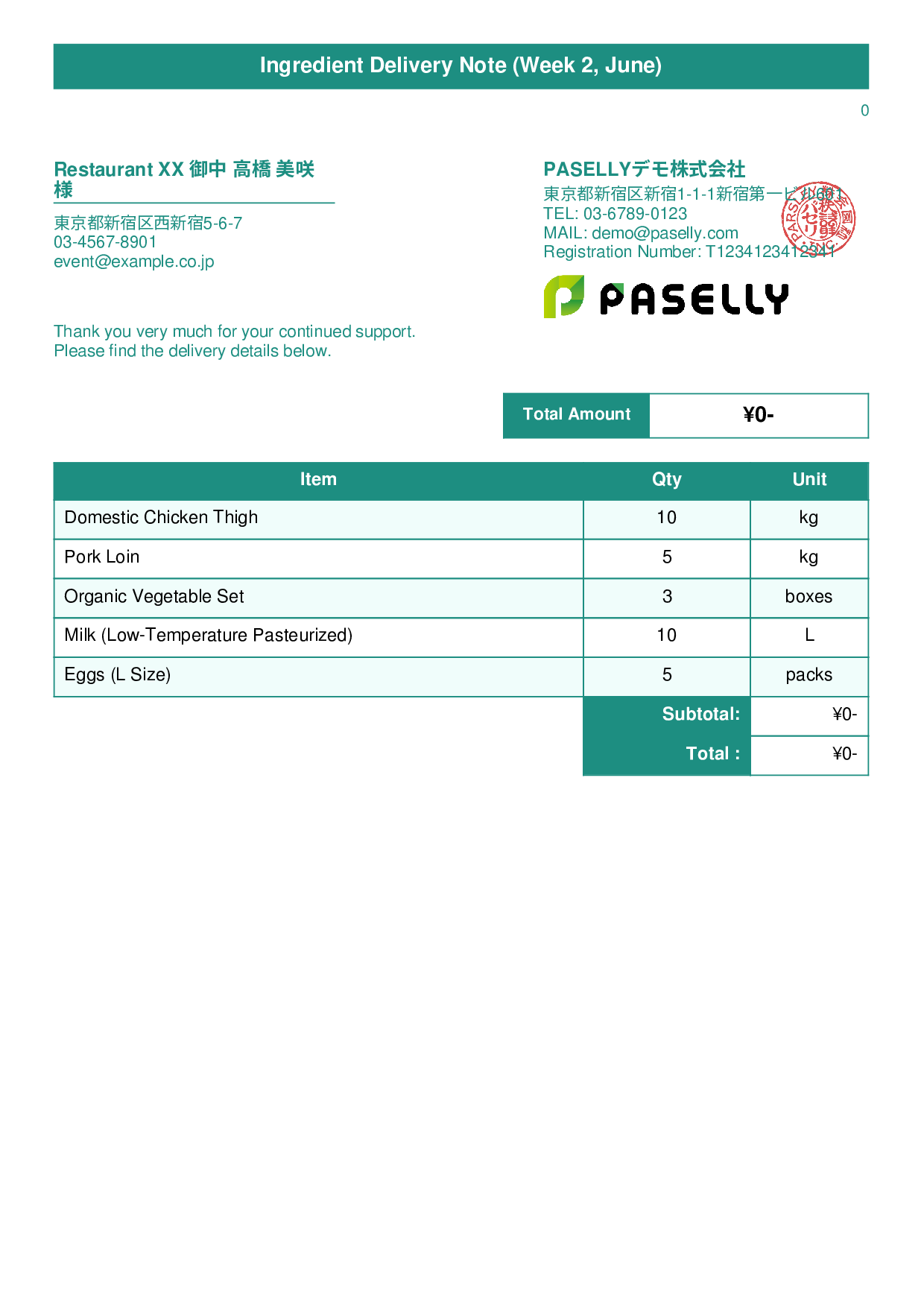 Restaurant Ingredient Delivery Note (Price Hidden) - Title Banner