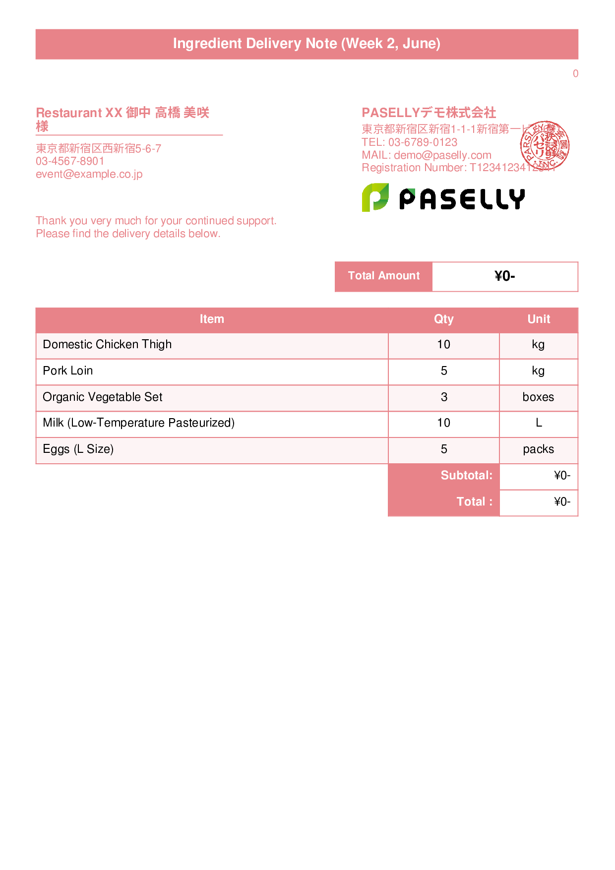Restaurant Ingredient Delivery Note (Price Hidden) - Title Banner
