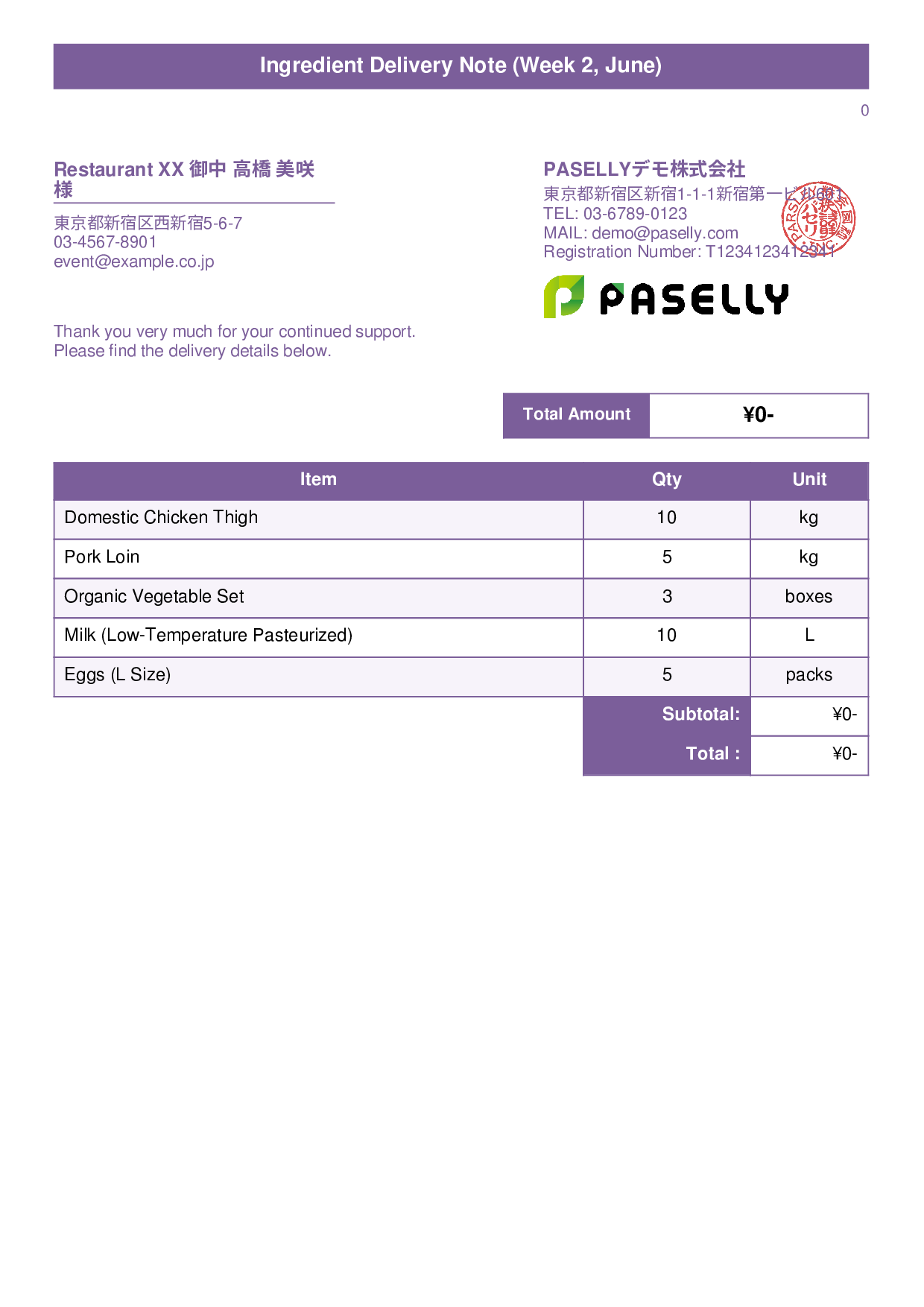 Restaurant Ingredient Delivery Note (Price Hidden) - Title Banner