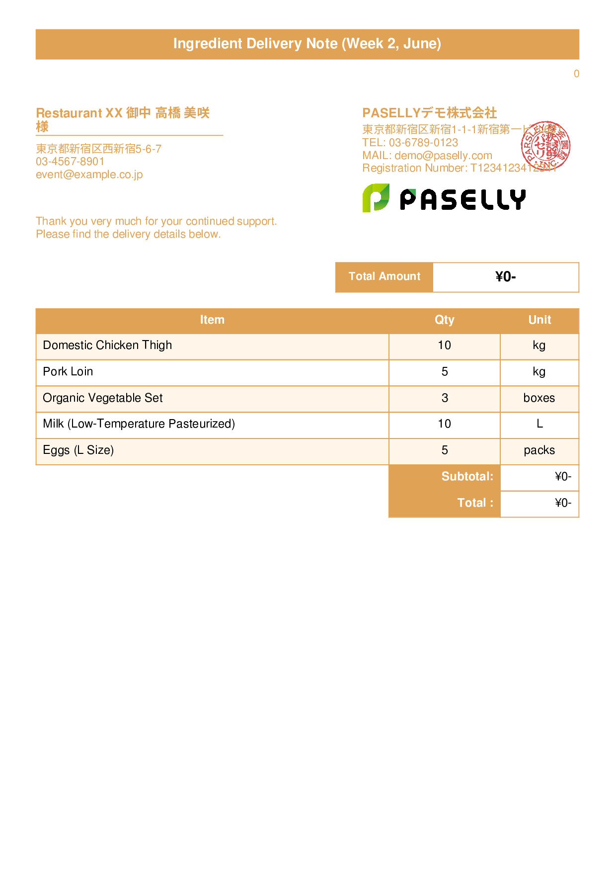 Restaurant Ingredient Delivery Note (Price Hidden) - Title Banner