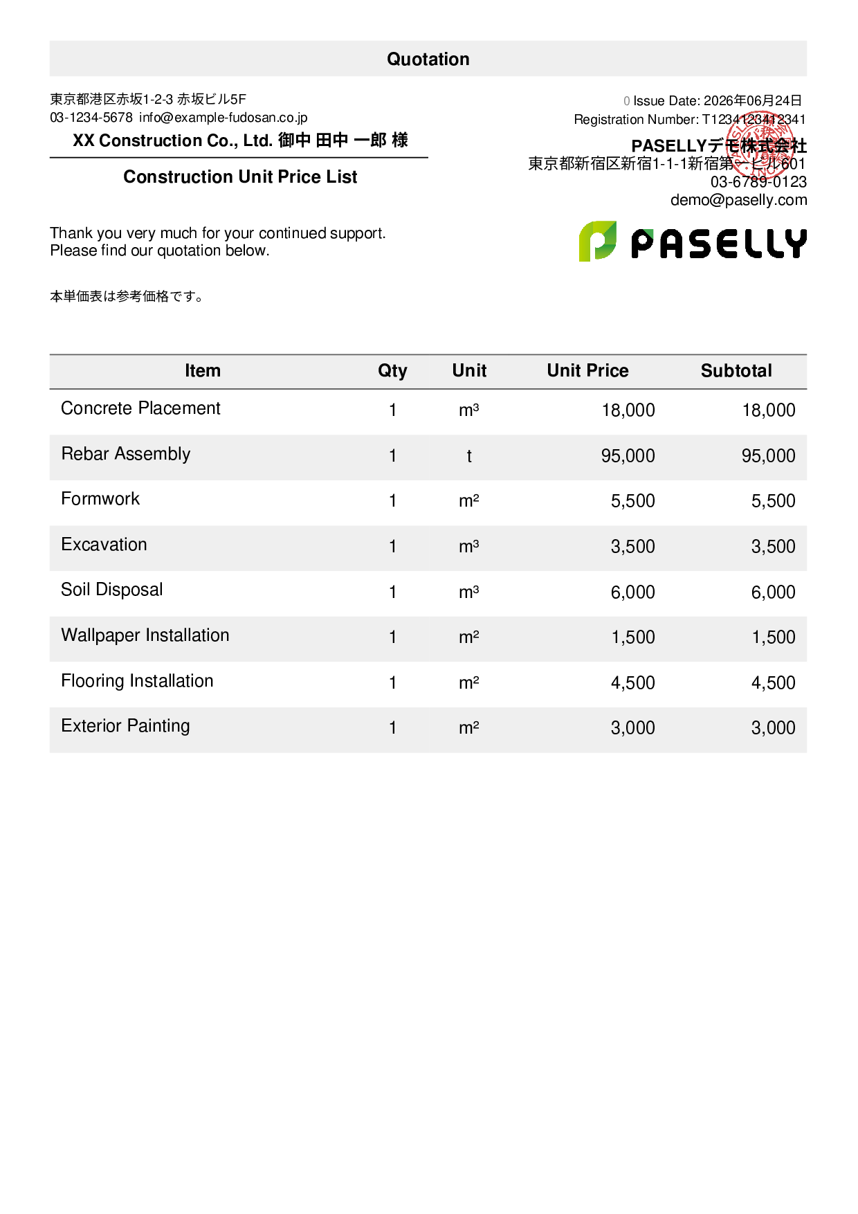 Construction Unit Price List (Total Hidden)