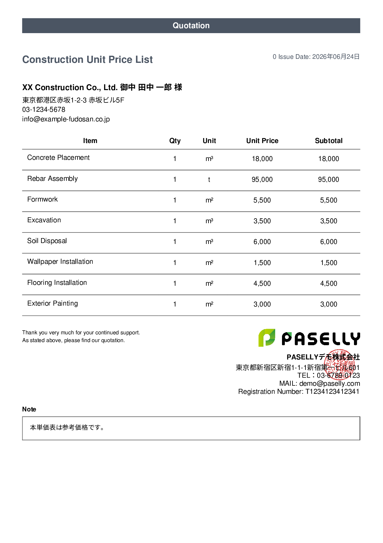 Construction Unit Price List (Total Hidden)