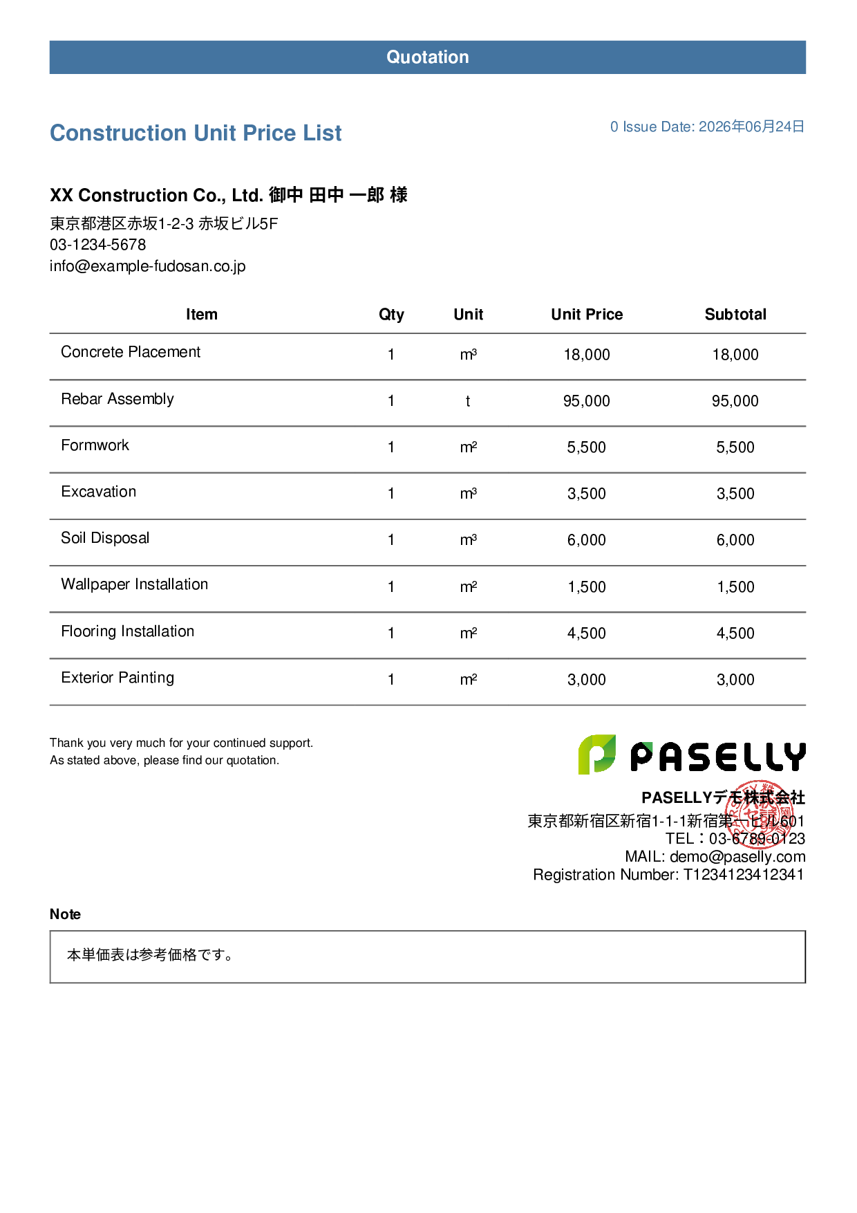 Construction Unit Price List (Total Hidden) - Casual