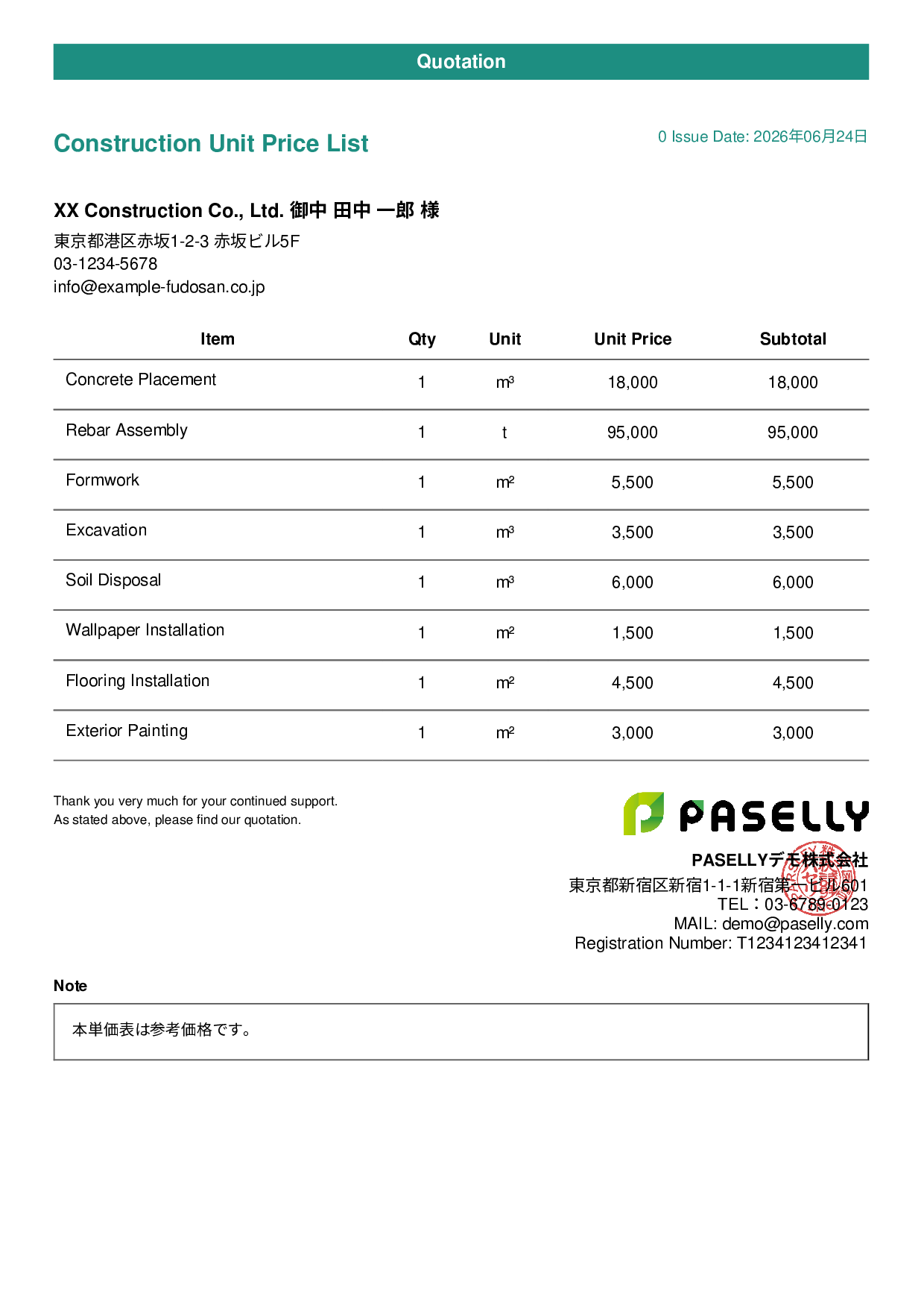 Construction Unit Price List (Total Hidden) - Casual