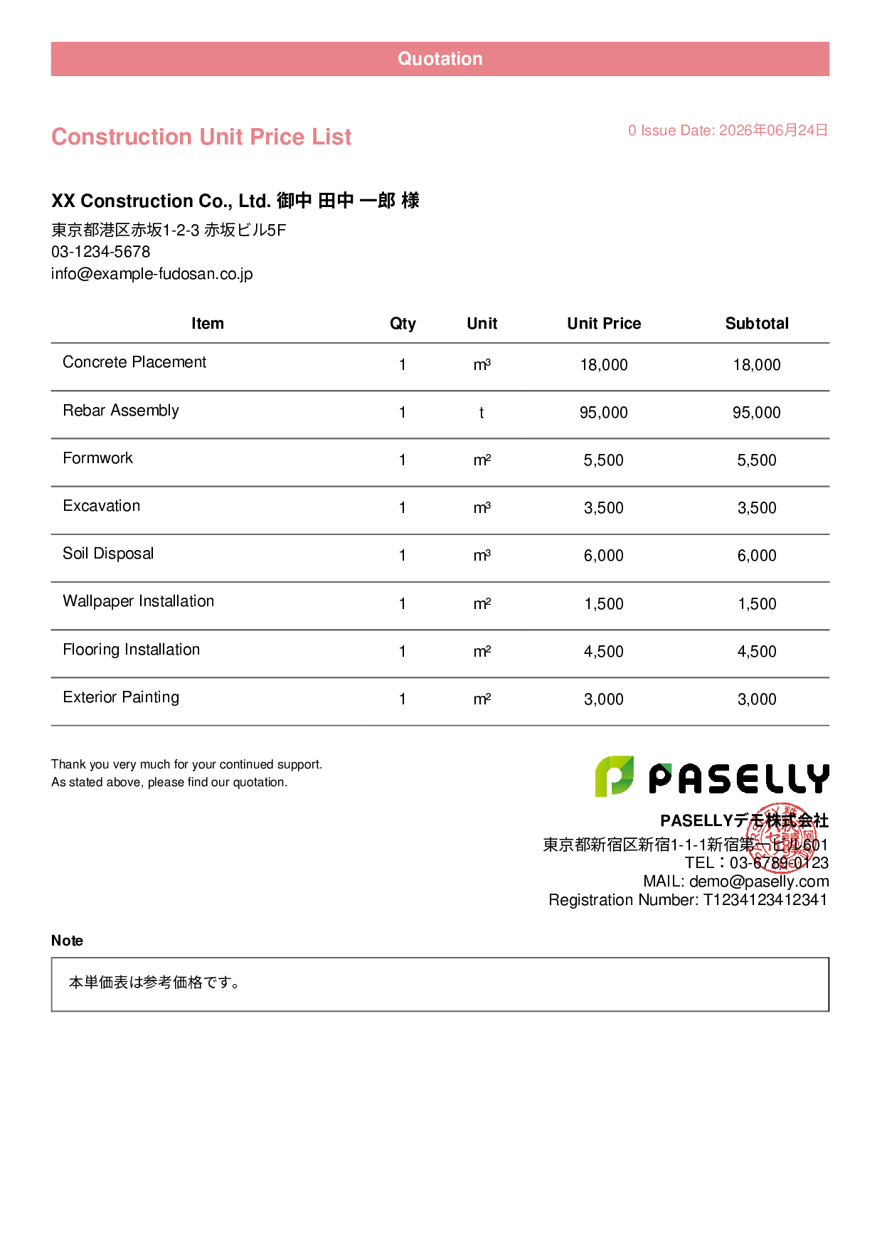 Construction Unit Price List (Total Hidden) - Casual