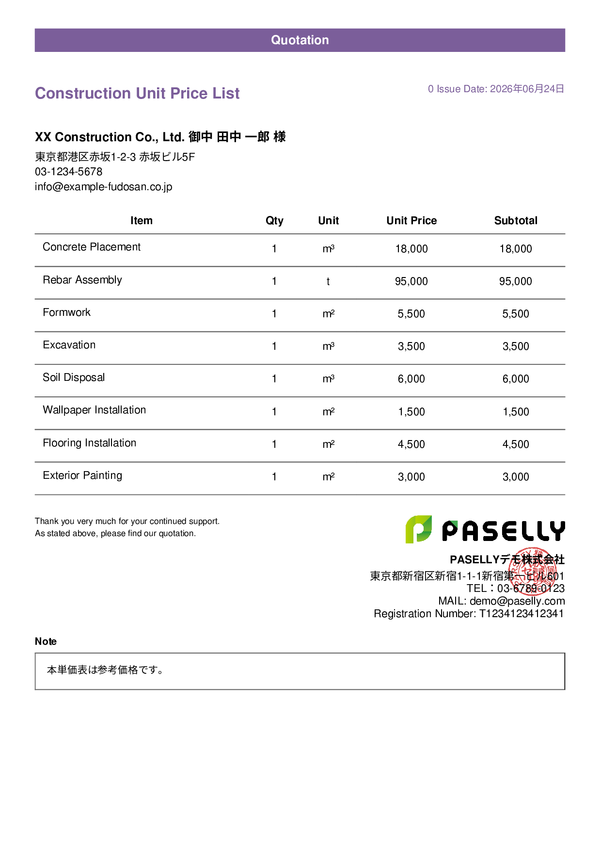 Construction Unit Price List (Total Hidden) - Casual
