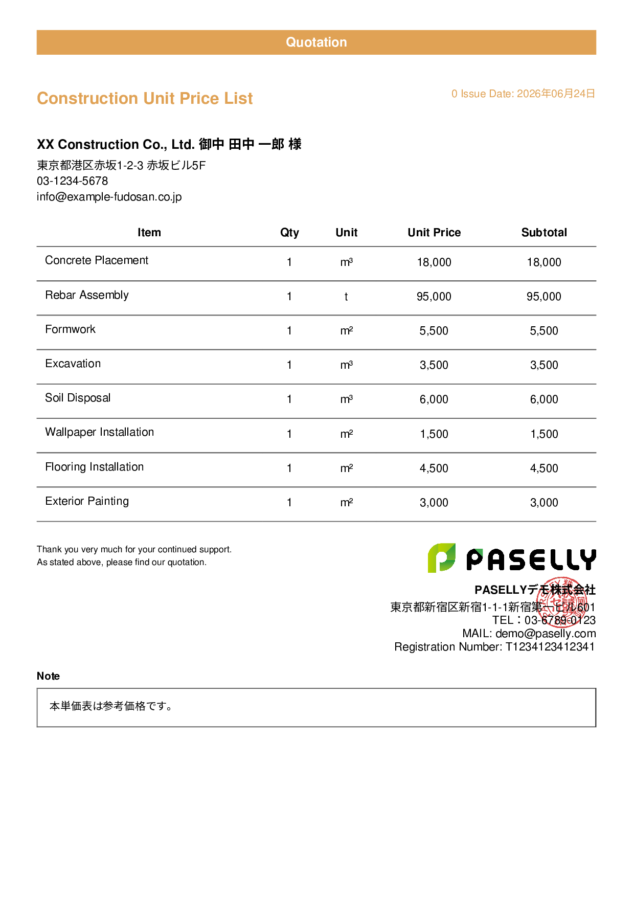 Construction Unit Price List (Total Hidden) - Casual