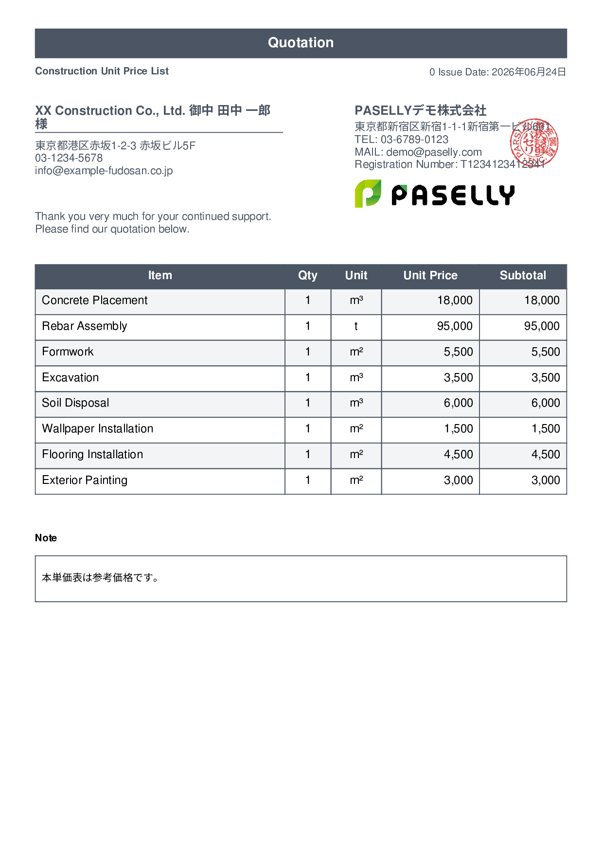 Construction Unit Price List (Total Hidden) - Standard 1