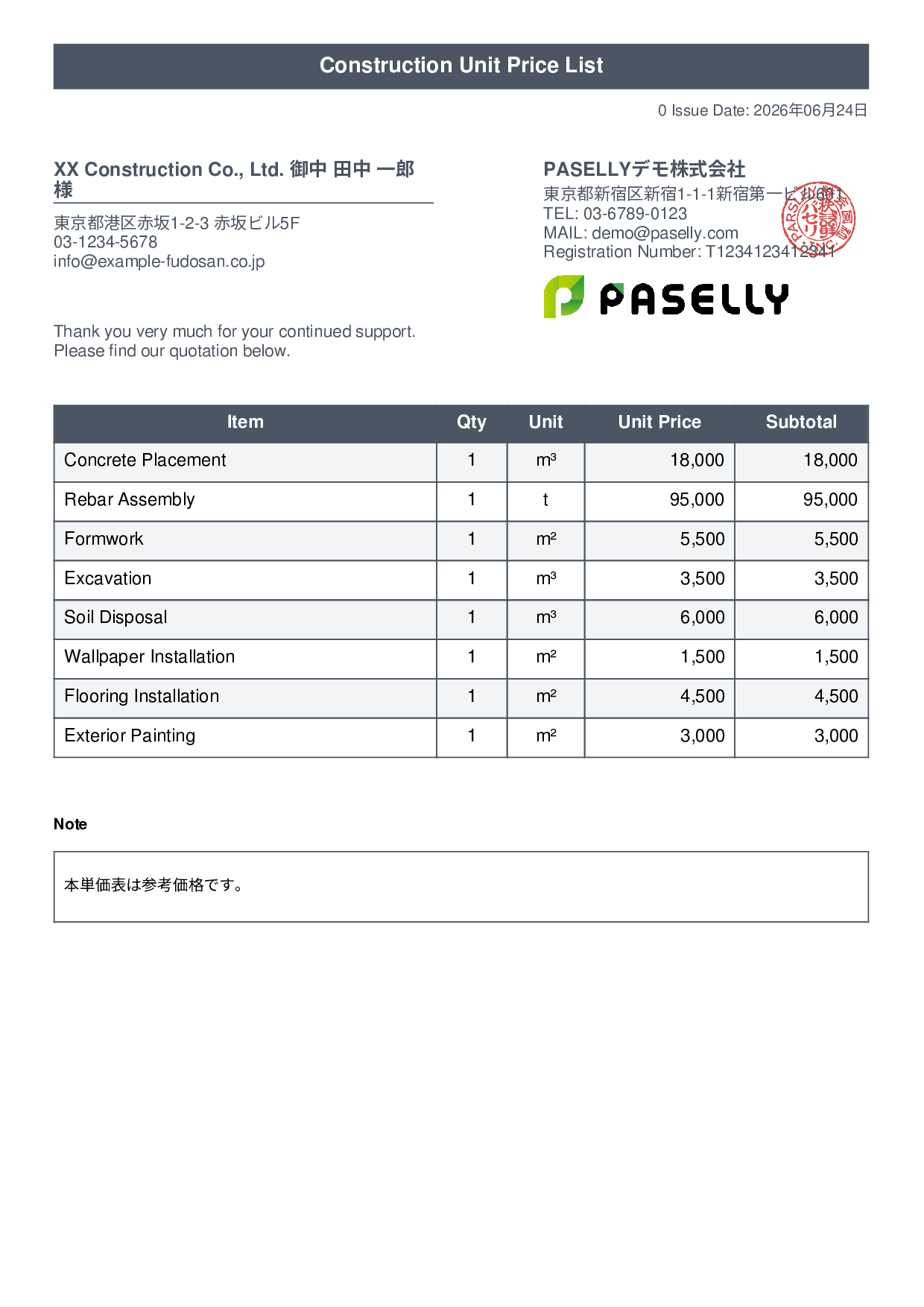 Construction Unit Price List (Total Hidden) - Title Banner