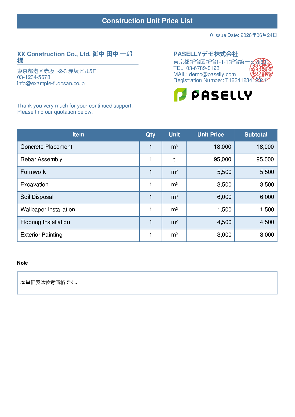 Construction Unit Price List (Total Hidden) - Title Banner