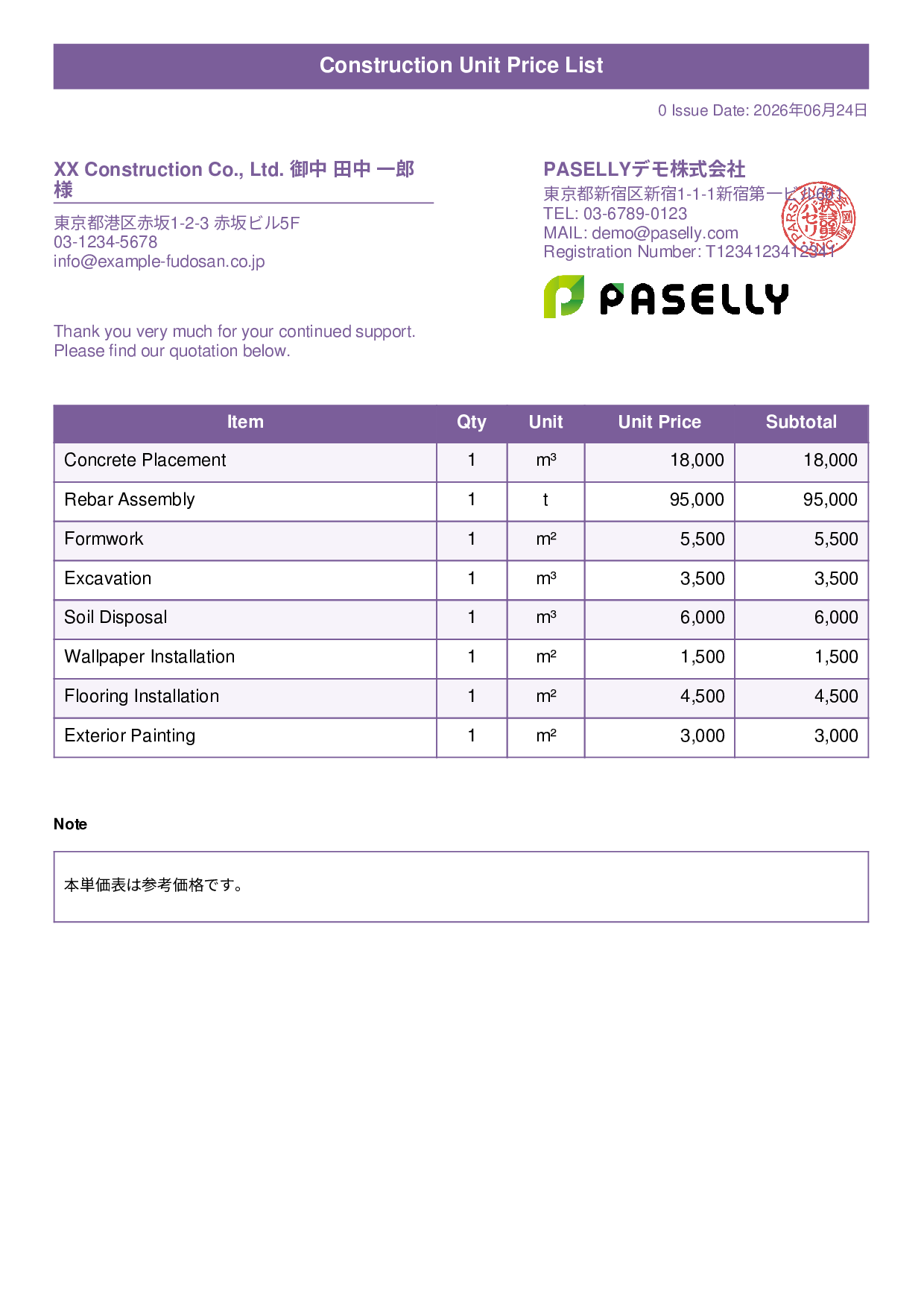 Construction Unit Price List (Total Hidden) - Title Banner