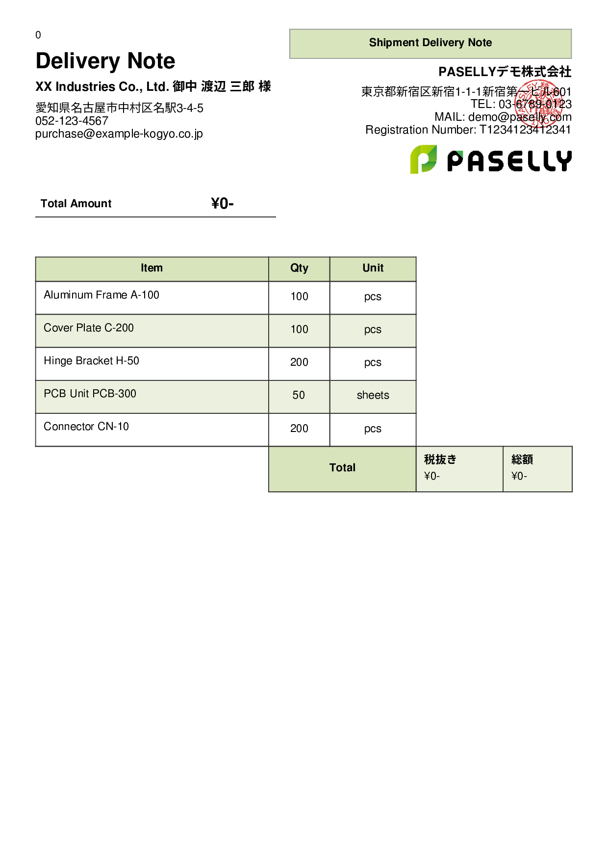 Manufacturing Shipment Delivery Note (Price Hidden) - Panel