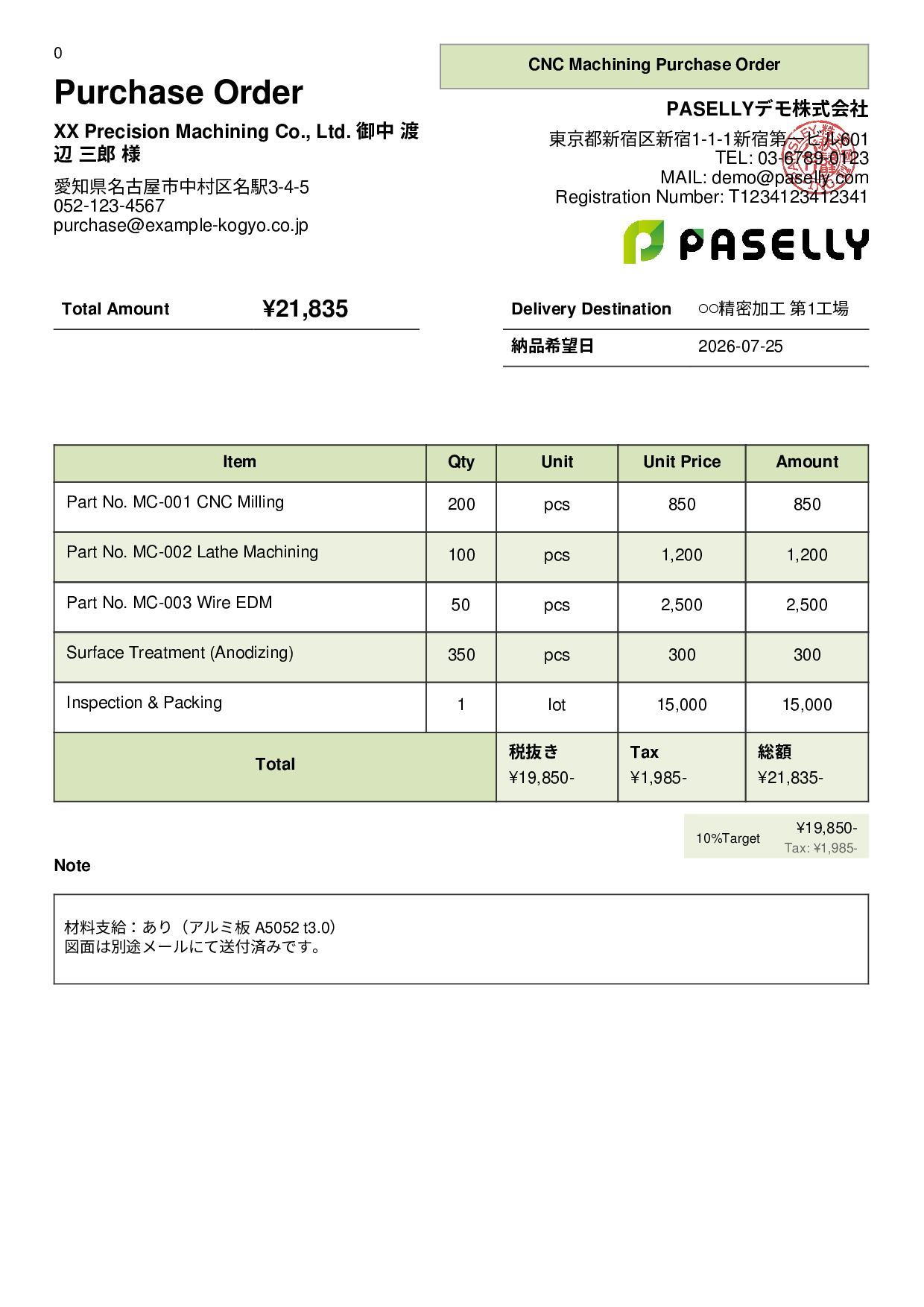 Manufacturing Outsourced Machining Purchase Order - Panel