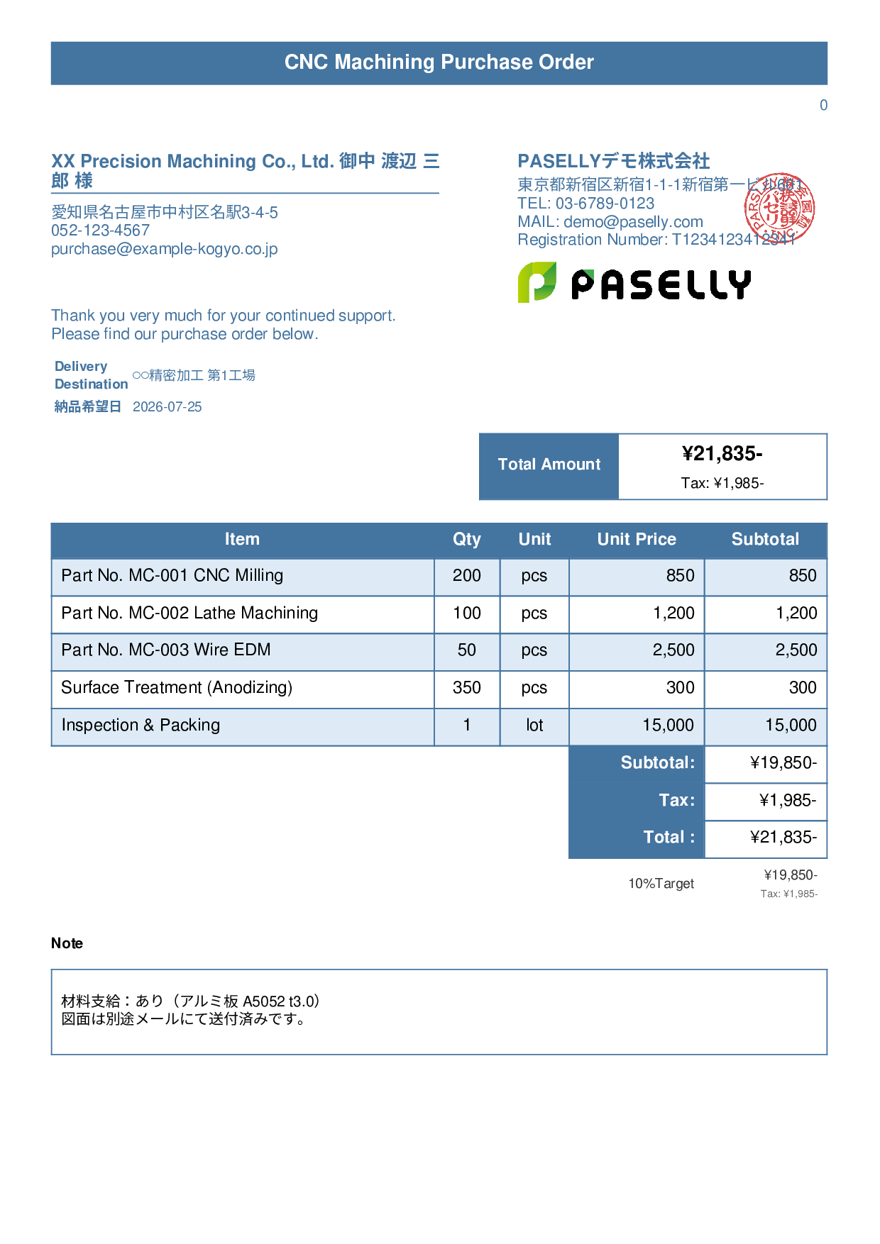 Manufacturing Outsourced Machining Purchase Order - Title Banner