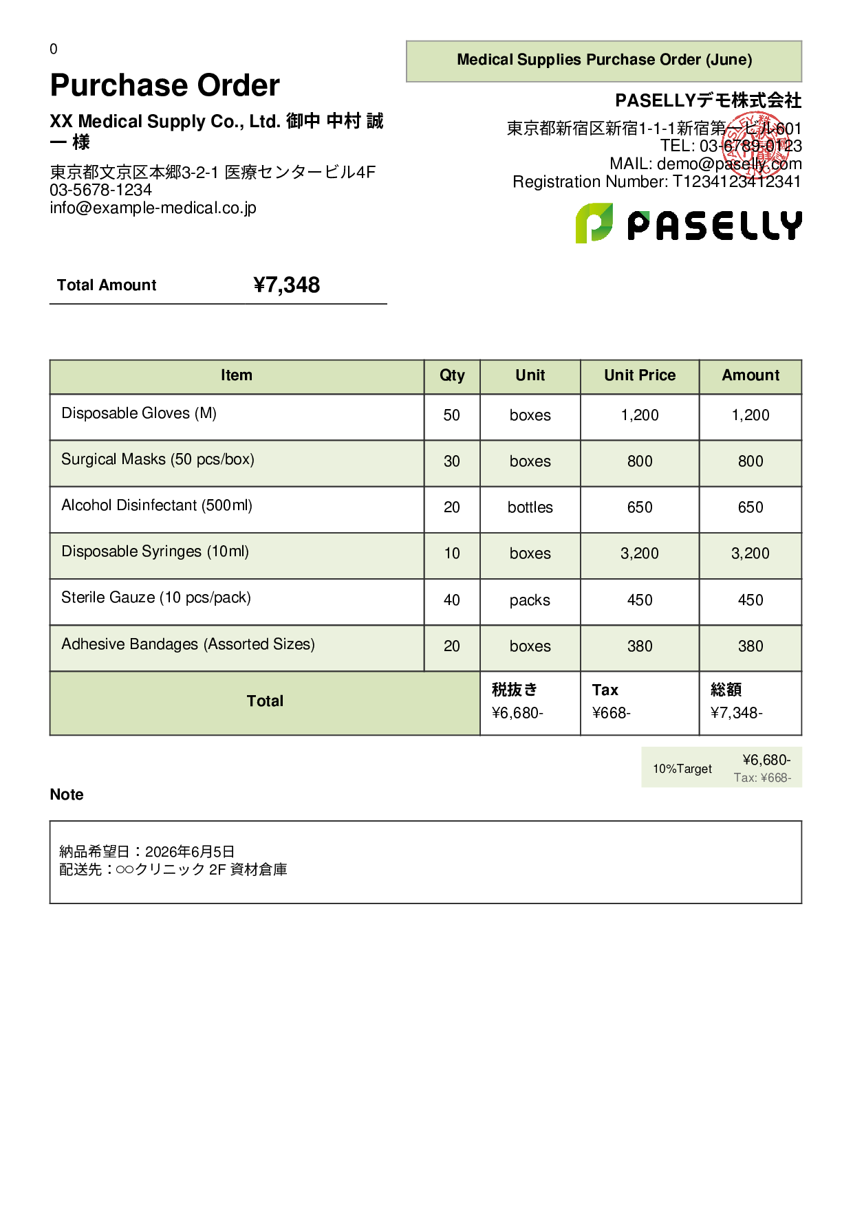 Medical Supplies Purchase Order - Panel