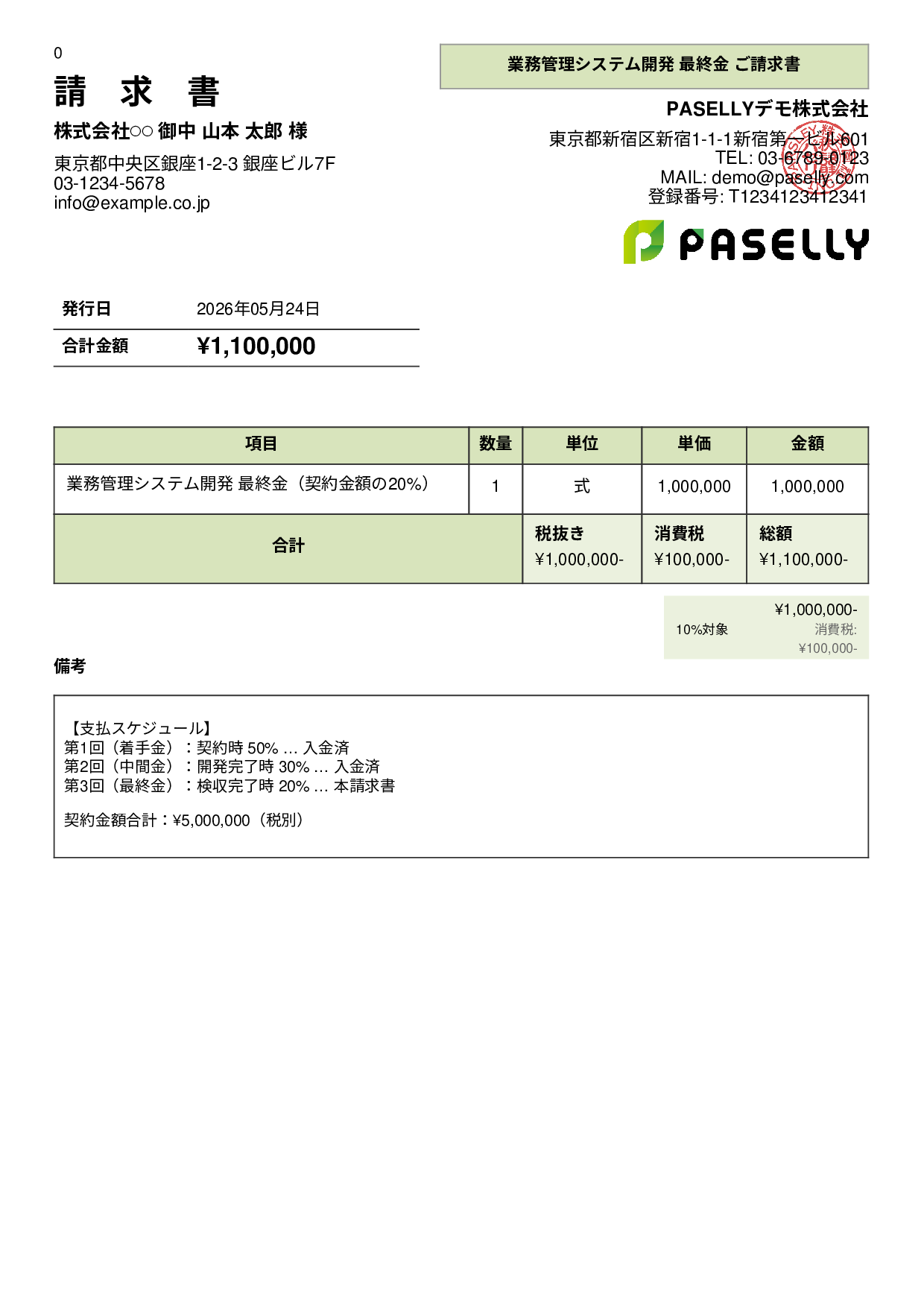 分割払い（最終金）請求書 - パネル