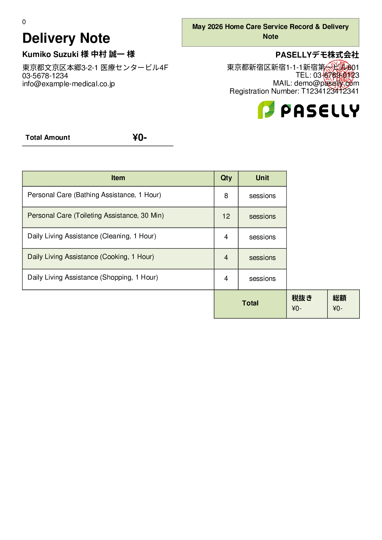 Home Care Service Record & Delivery Note - Panel