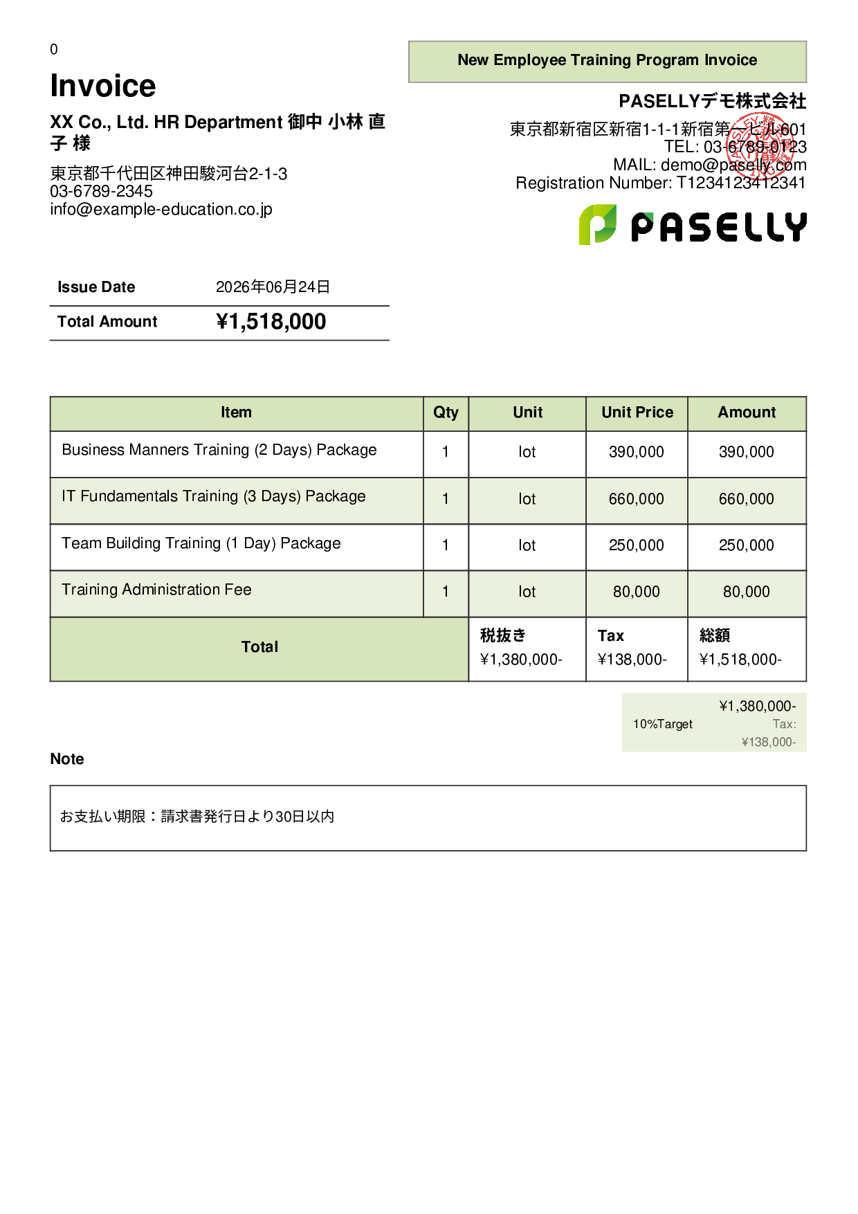 Corporate Training Invoice - Panel
