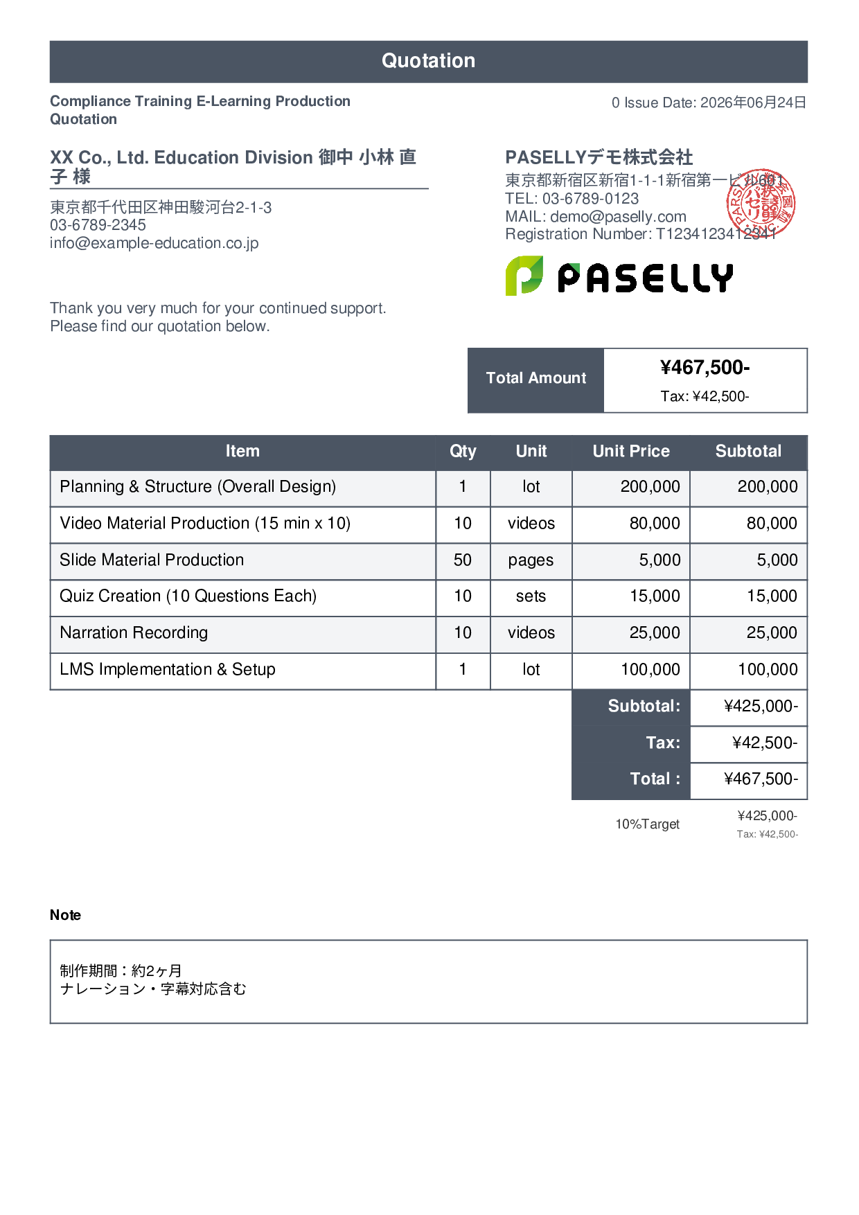 E-Learning Content Production Quotation - Standard 1