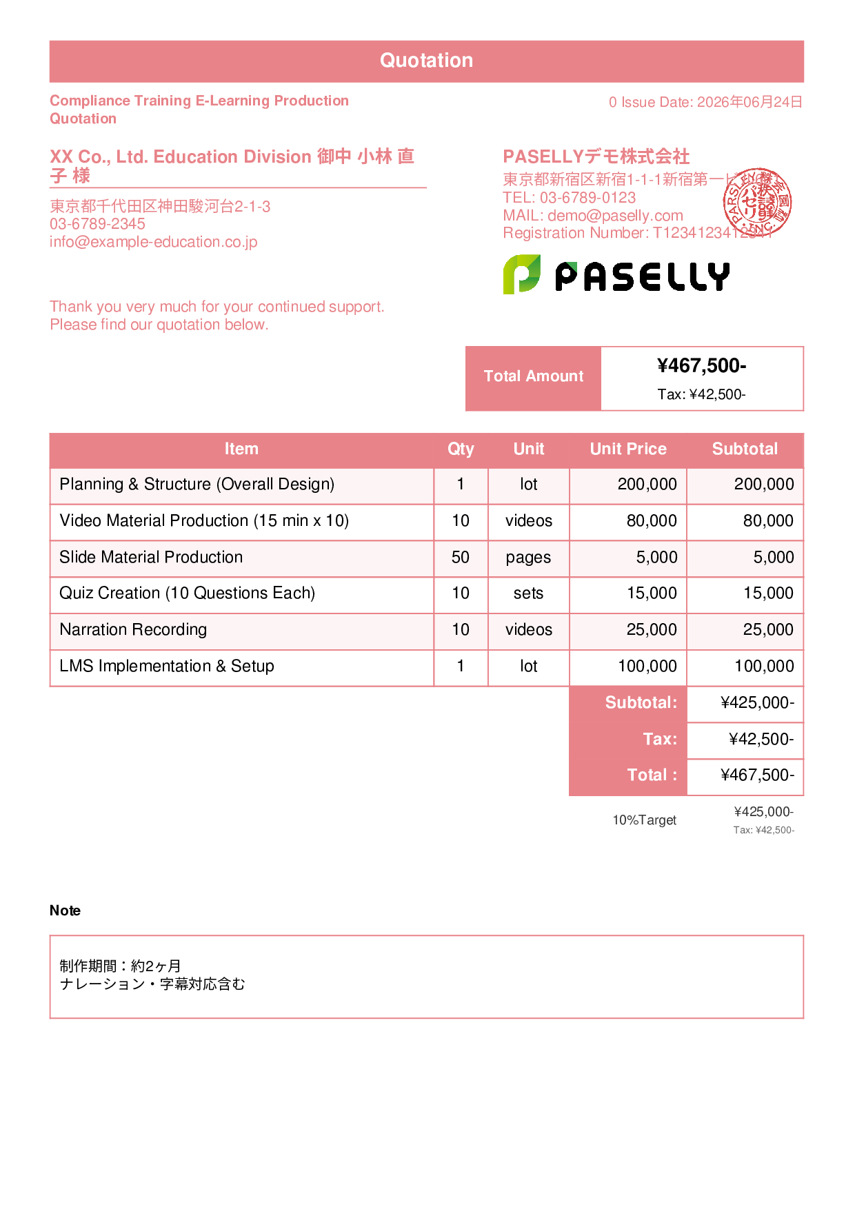 E-Learning Content Production Quotation - Standard 1