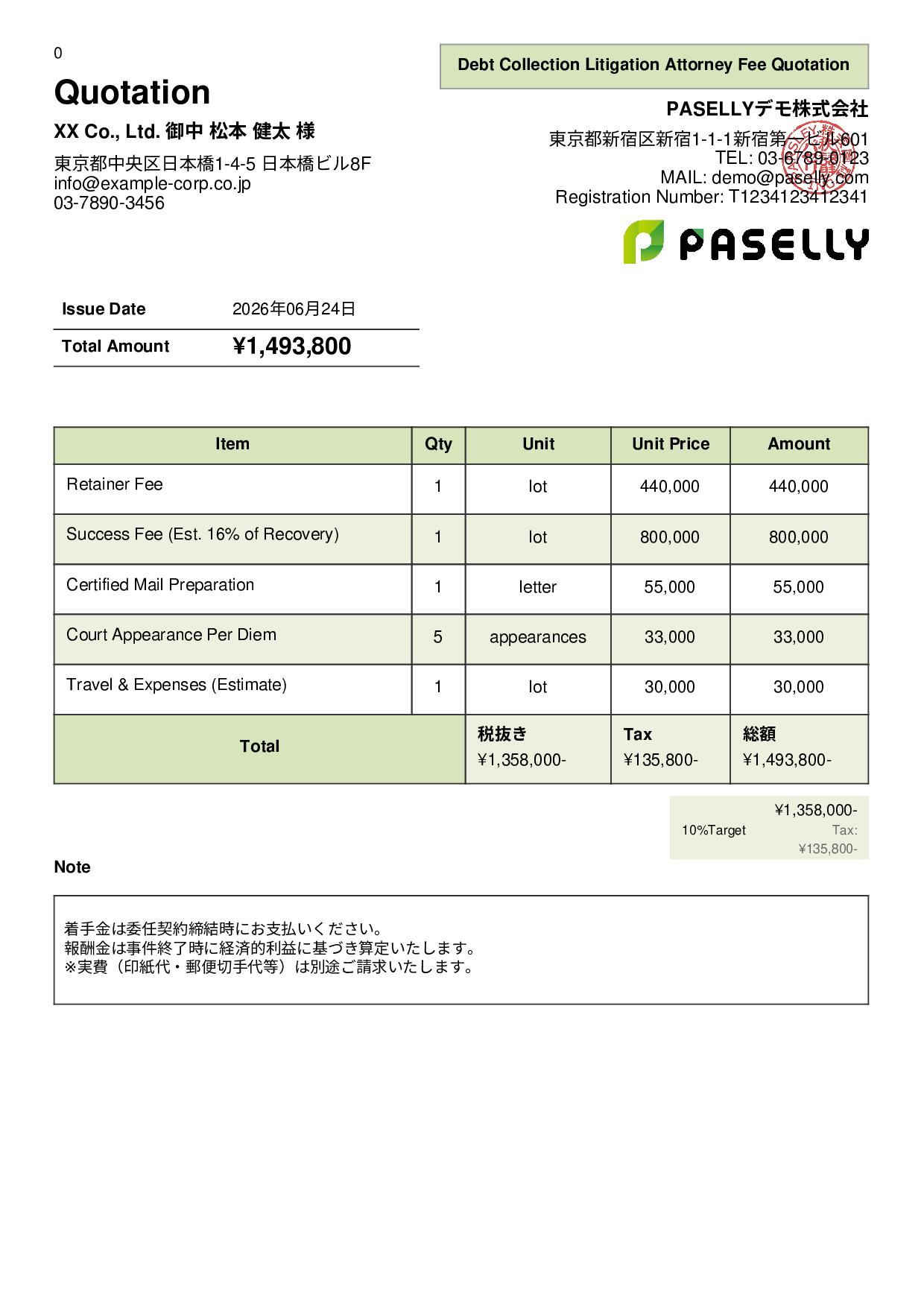 Lawyer Retainer & Success Fee Quotation - Panel