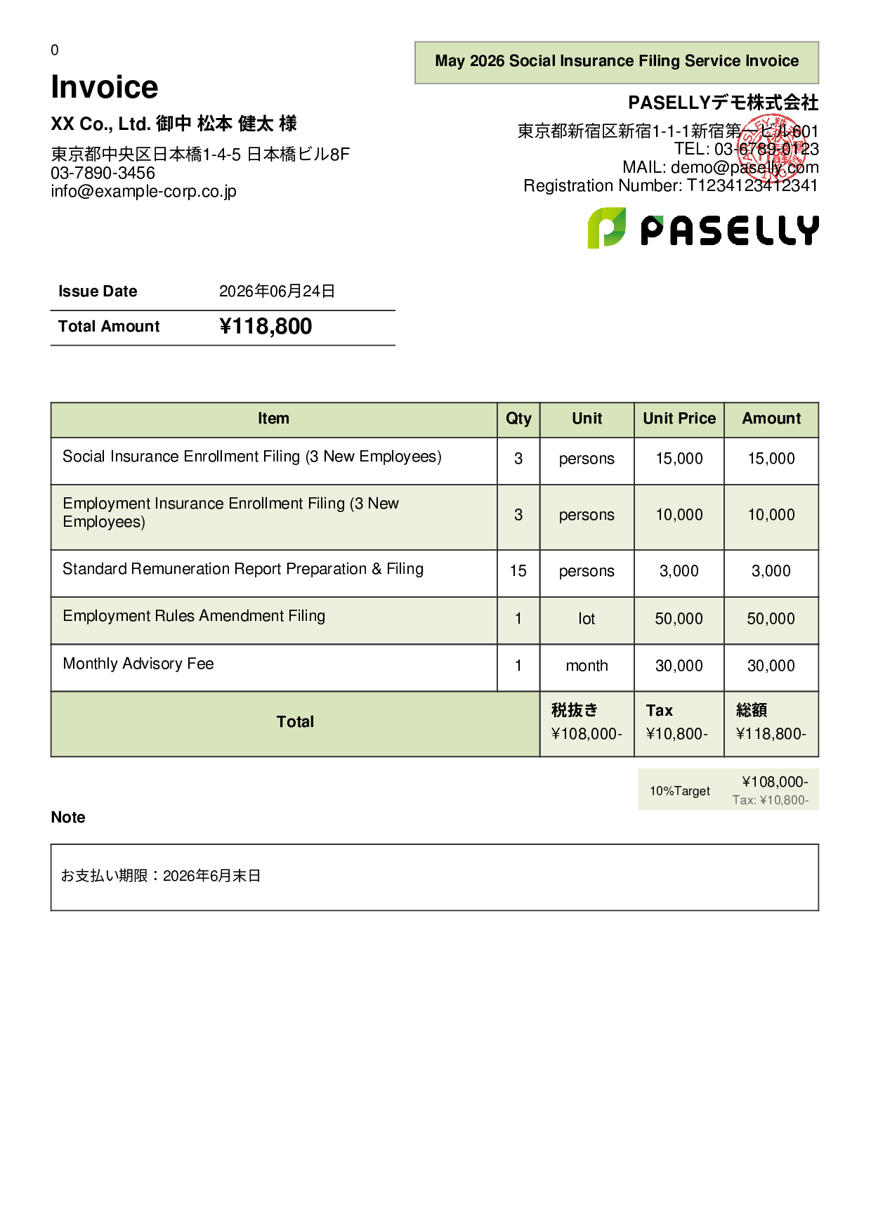 Labor & Social Insurance Consultant Invoice - Panel