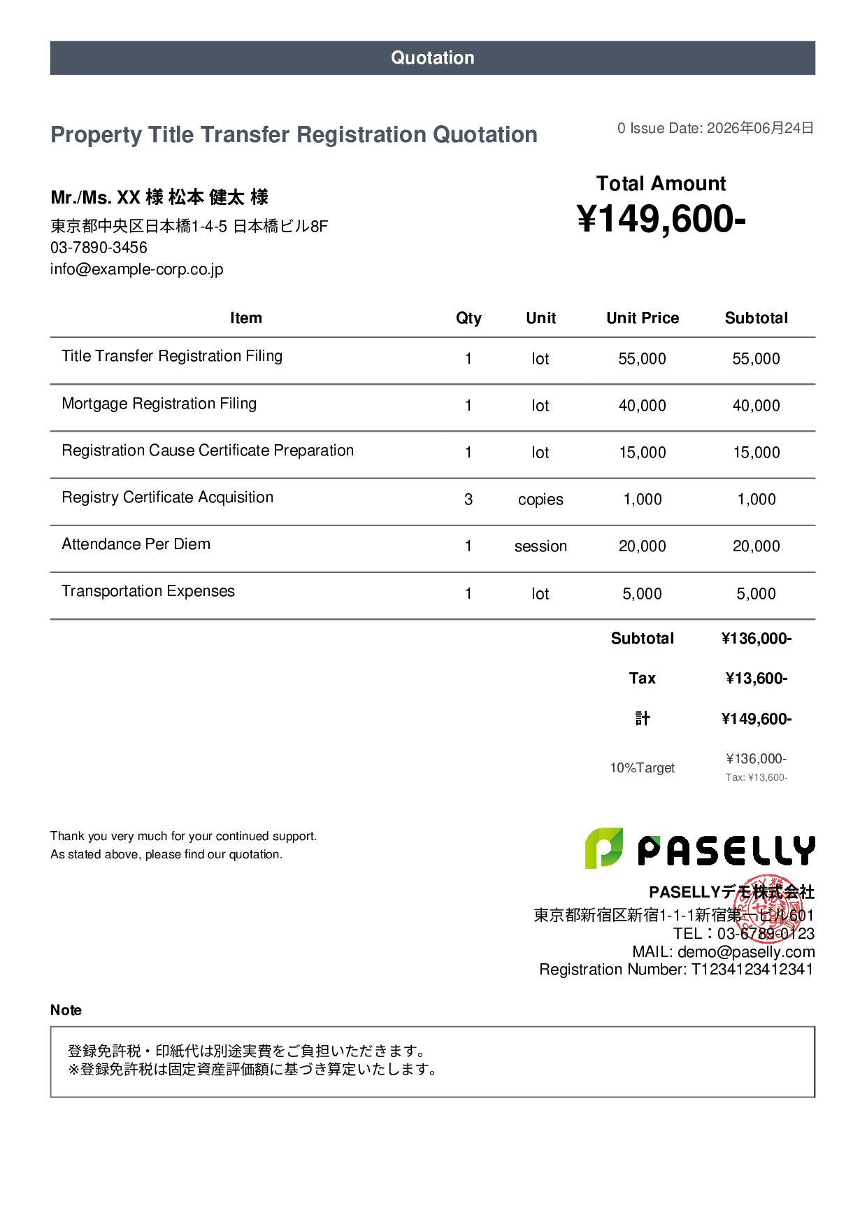 Judicial Scrivener Registration Quotation