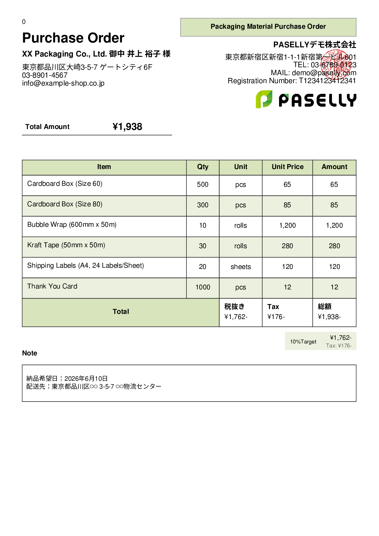 E-Commerce Packaging Material Purchase Order - Panel
