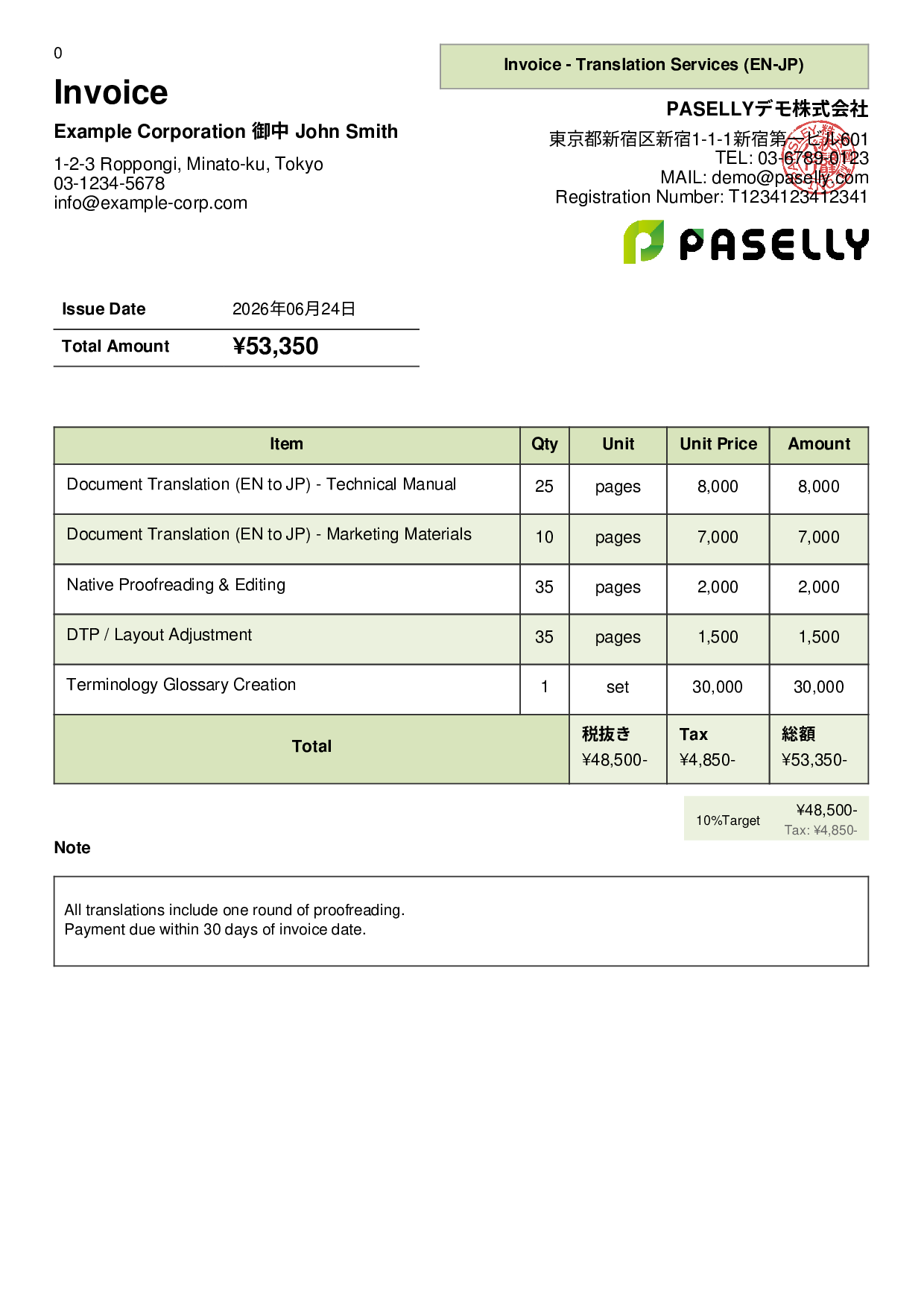 Invoice - Translation Services - Panel