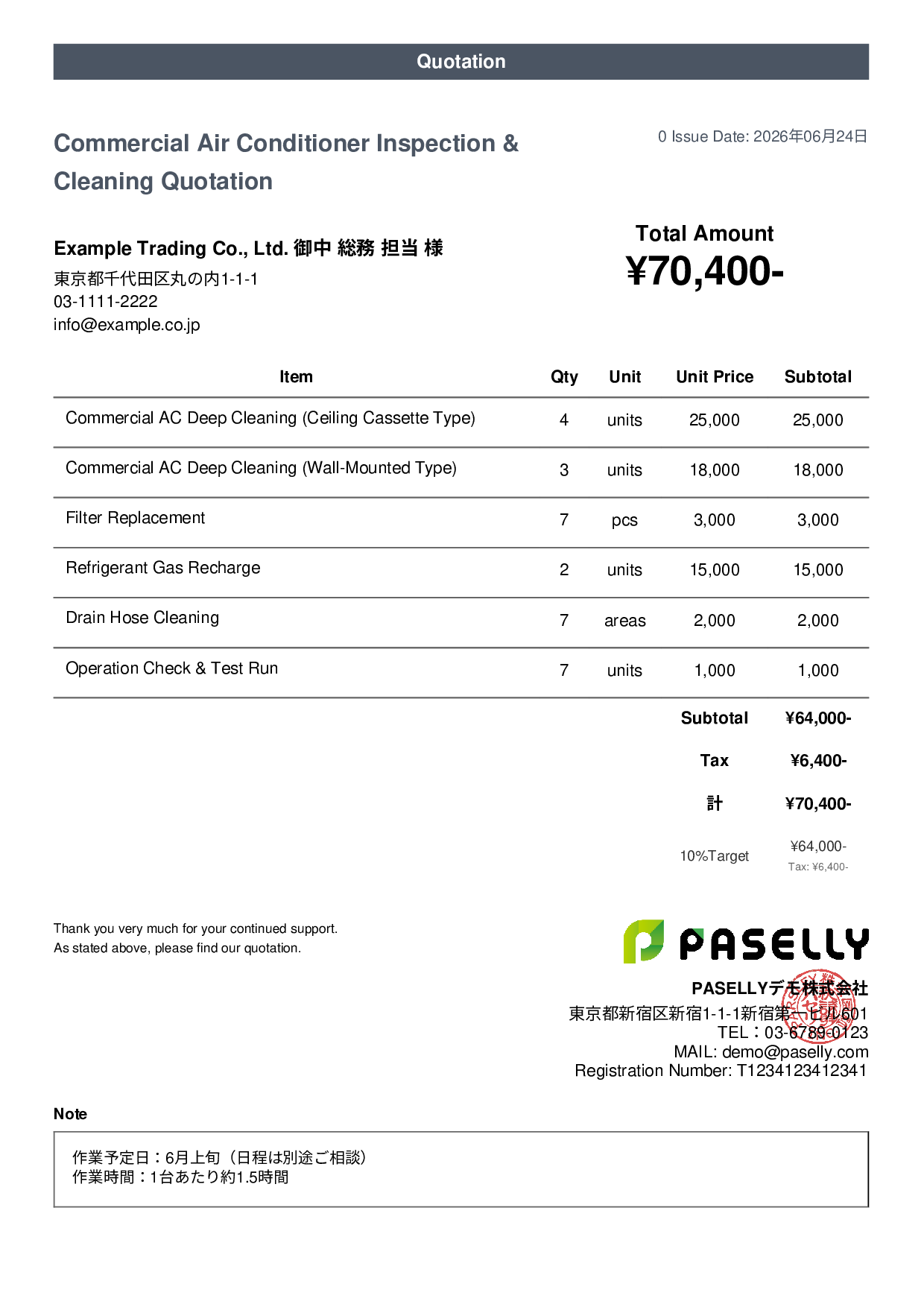 Summer Air Conditioner Maintenance Quotation