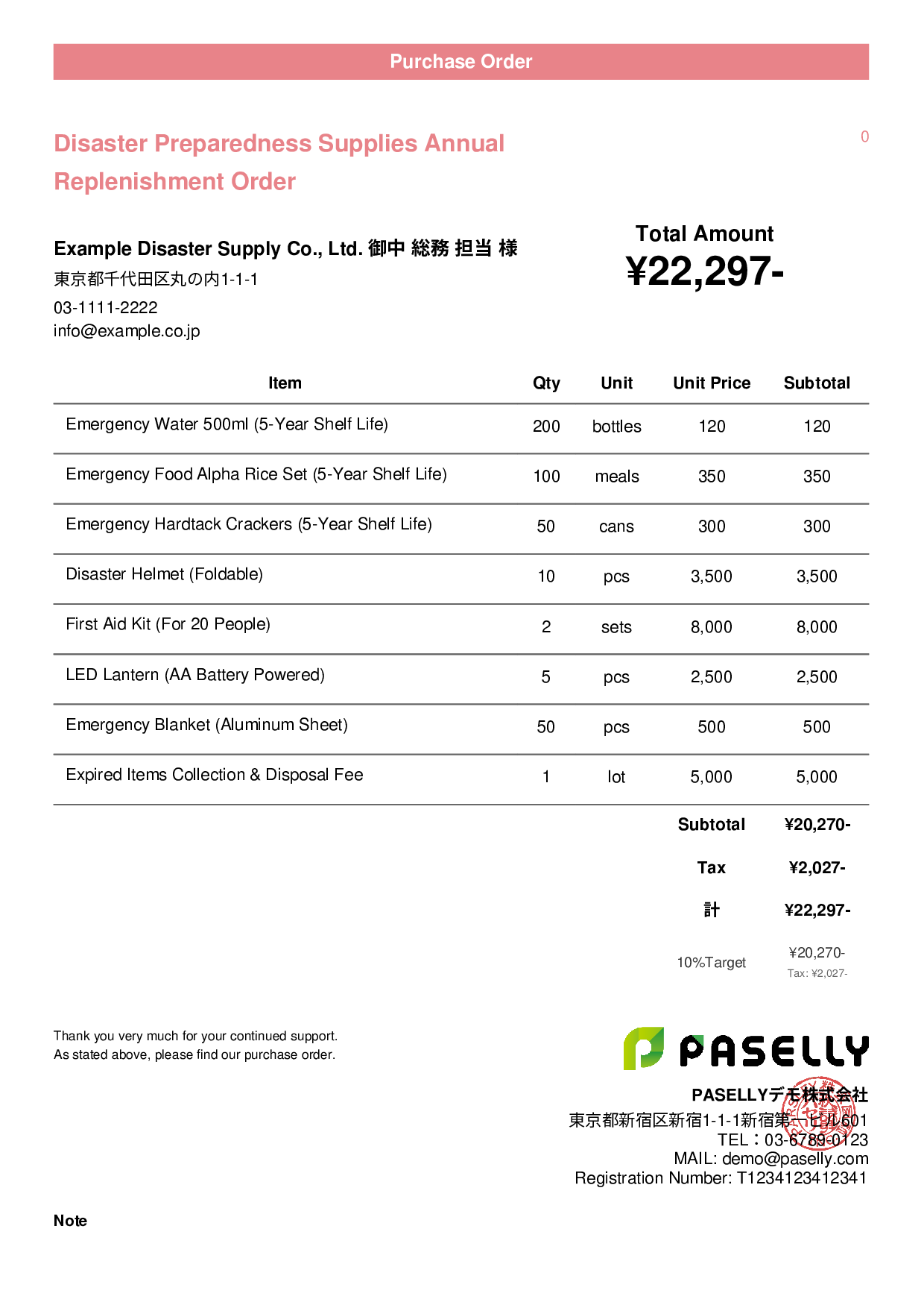 Disaster Preparedness Supplies Order - Casual