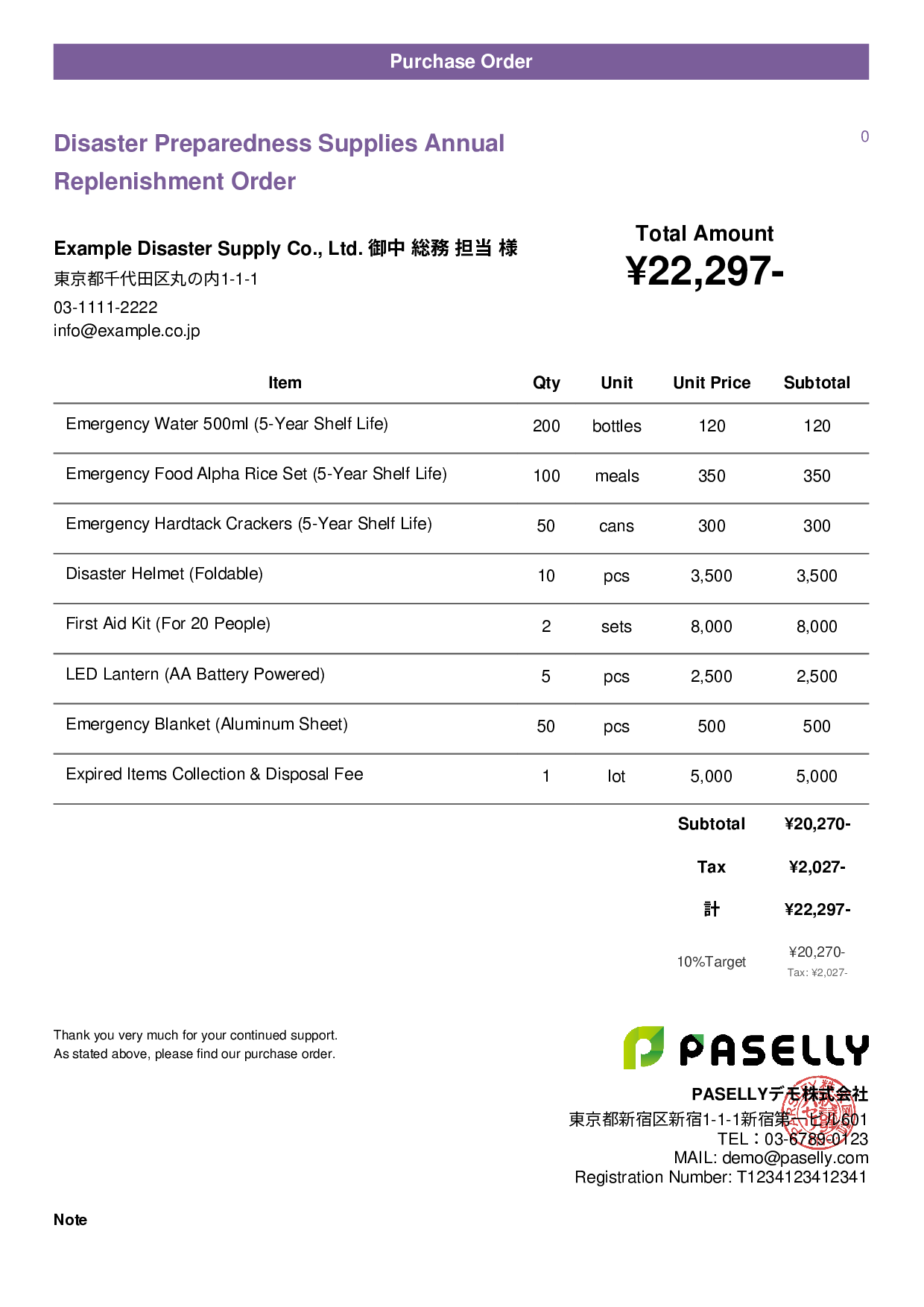 Disaster Preparedness Supplies Order - Casual