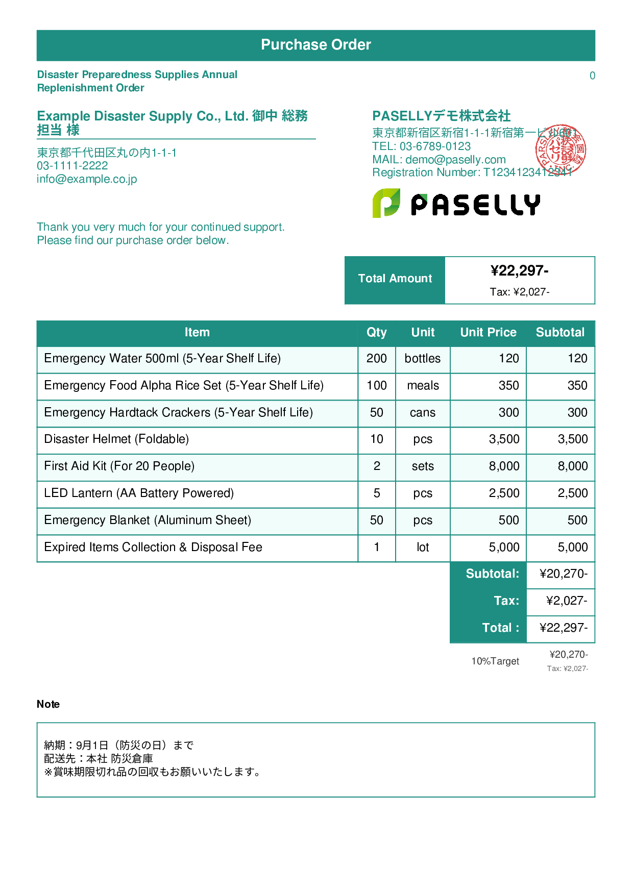 Disaster Preparedness Supplies Order - Standard 1