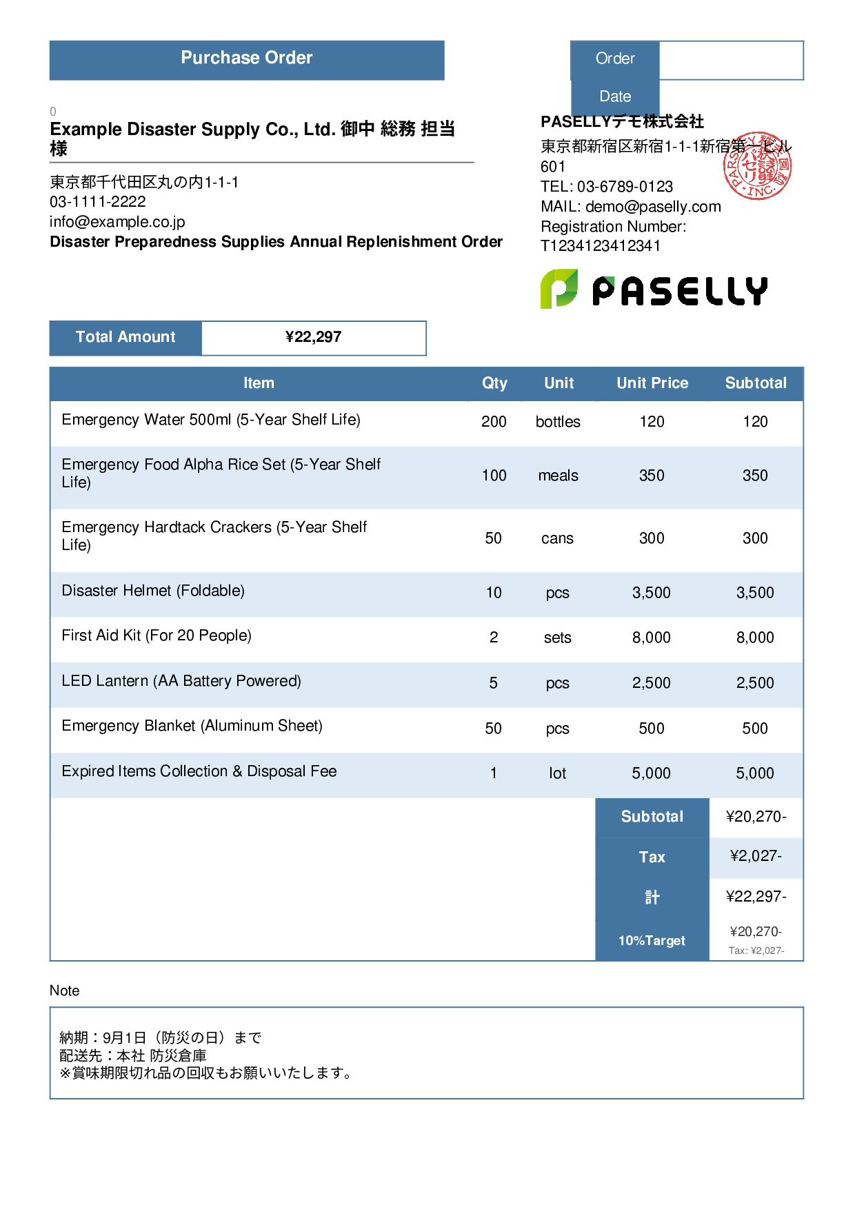 Disaster Preparedness Supplies Order - Standard 3