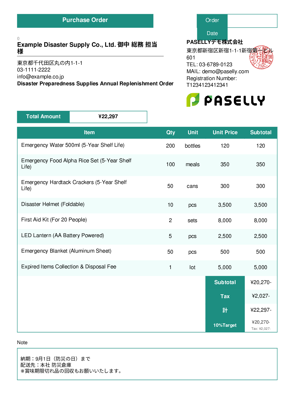 Disaster Preparedness Supplies Order - Standard 3