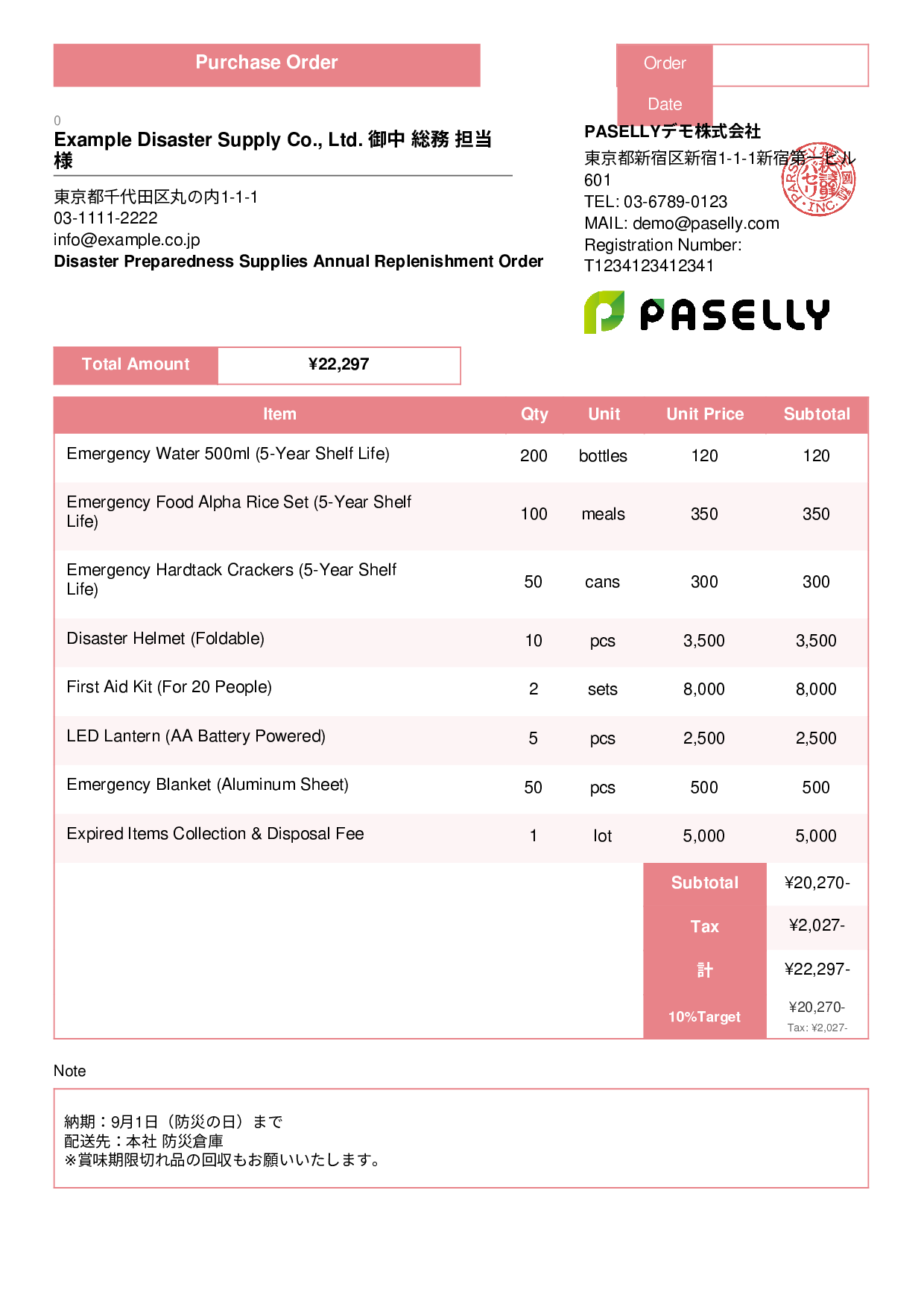 Disaster Preparedness Supplies Order - Standard 3