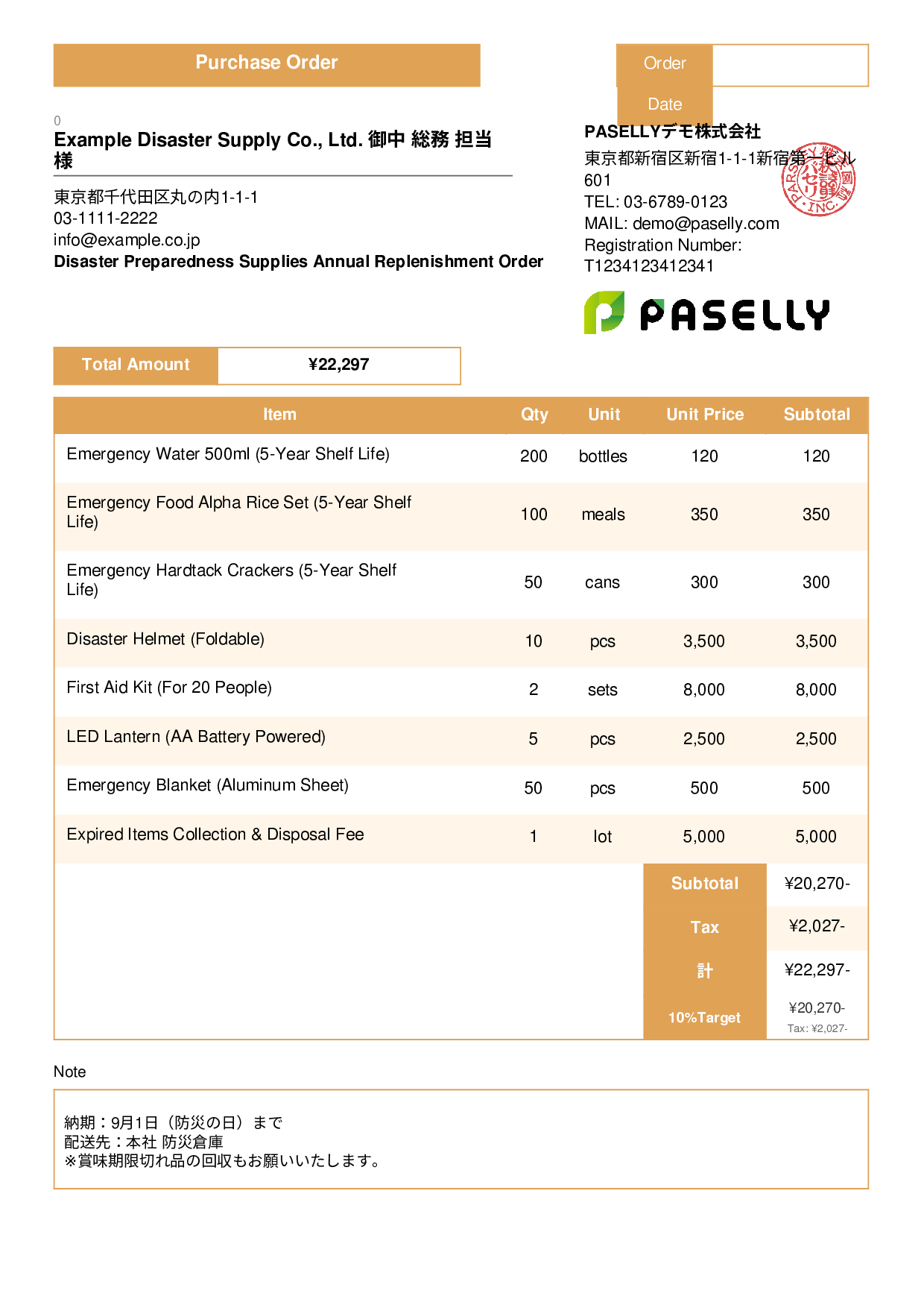 Disaster Preparedness Supplies Order - Standard 3