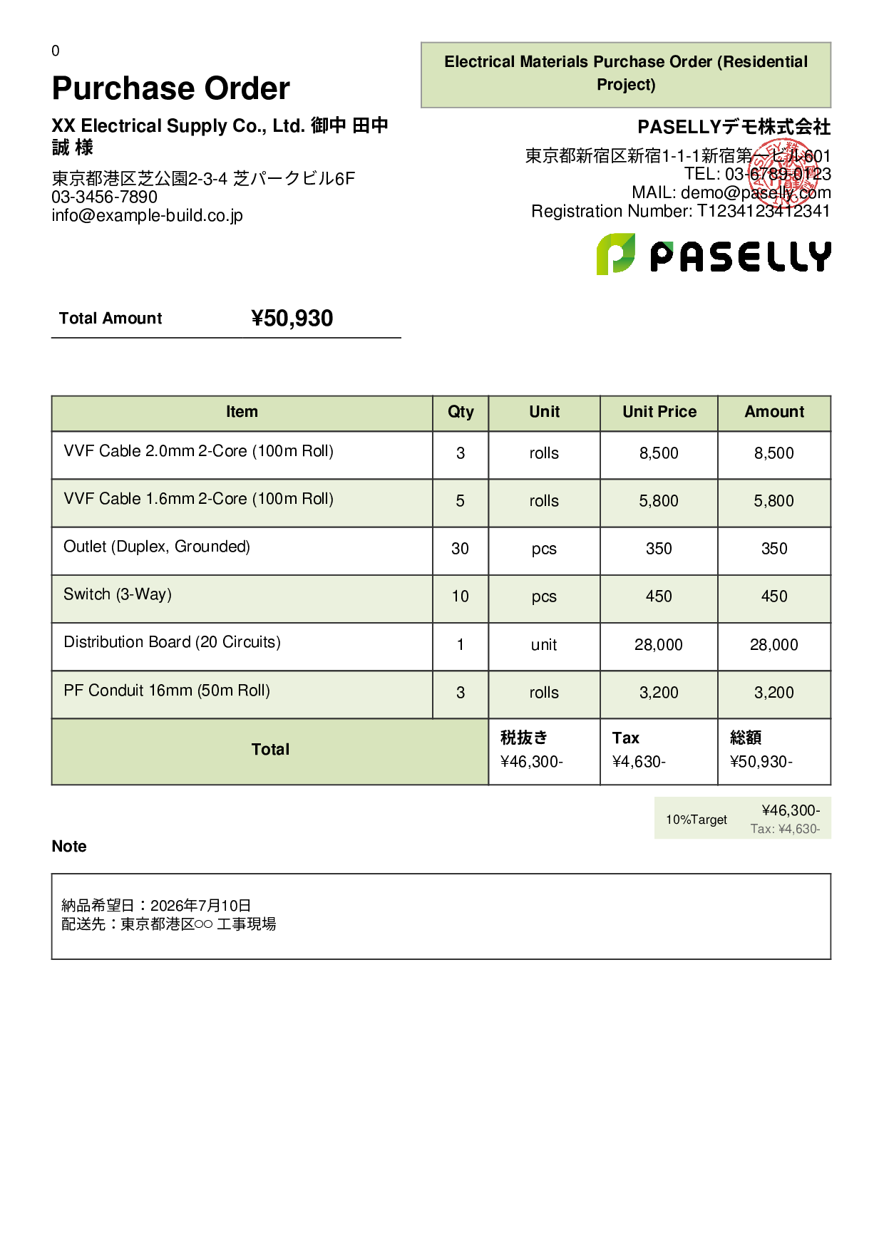 Electrical Materials Purchase Order - Panel
