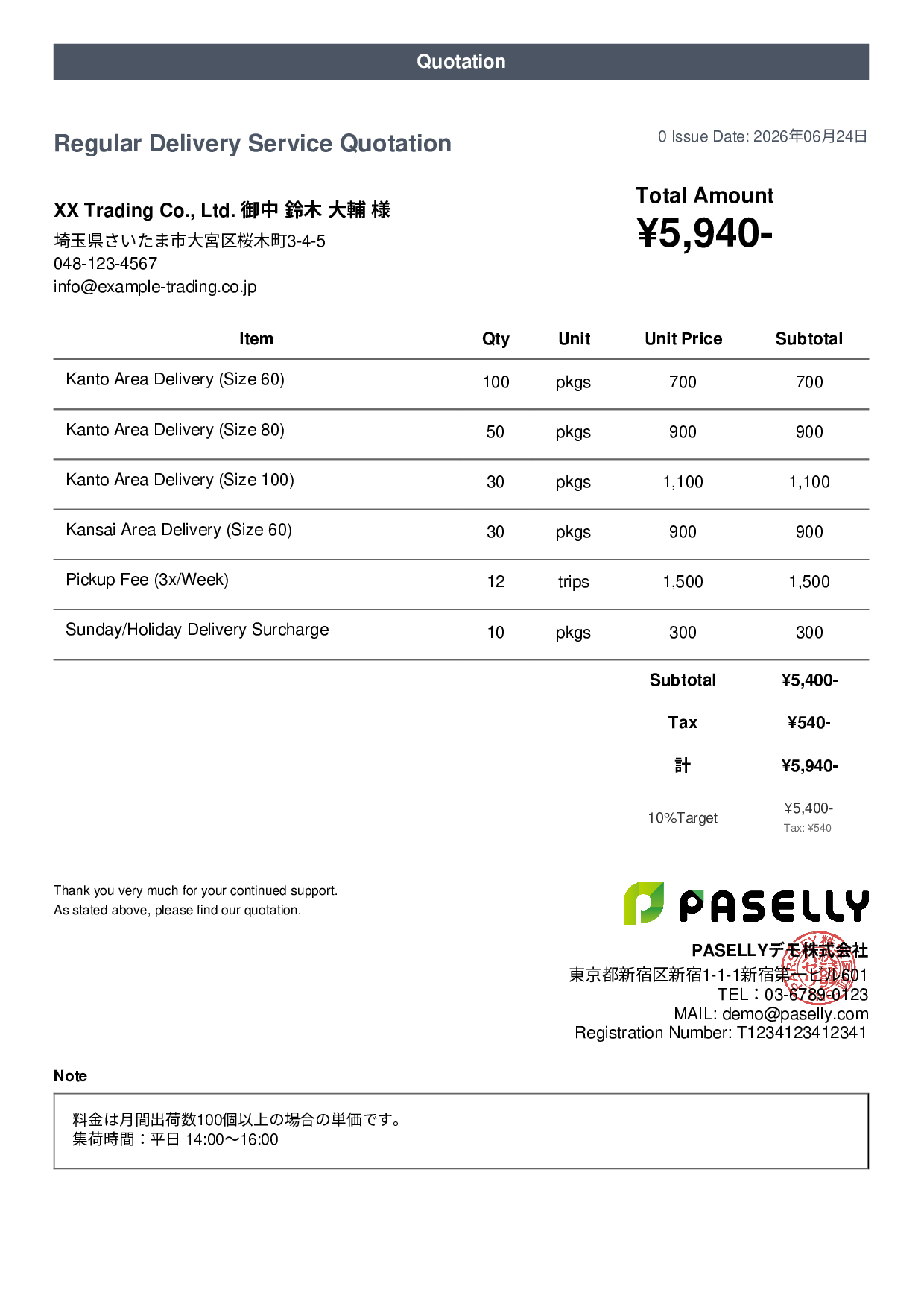 Delivery Service Fee Quotation